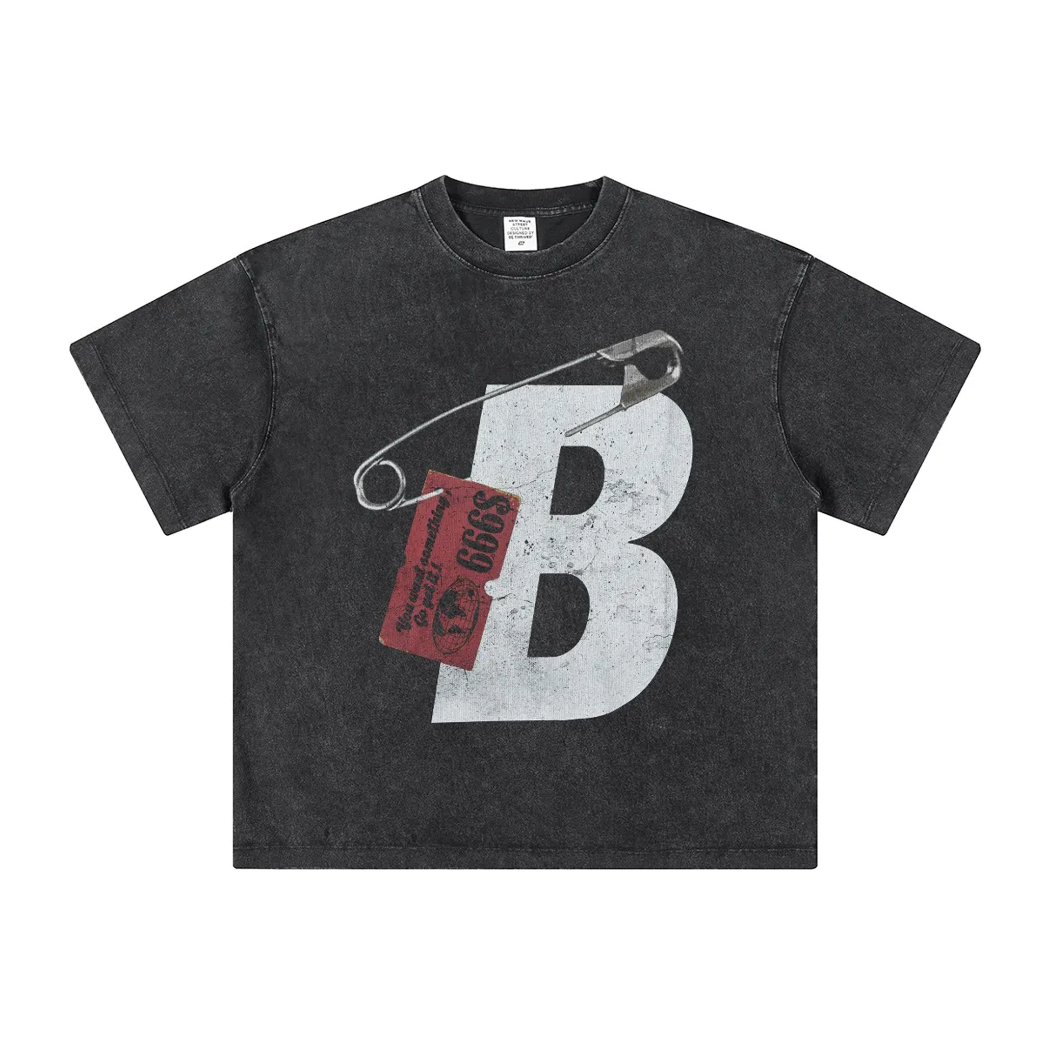 Black t-shirt with graphic design featuring a large 'B' and a safety pin on a white background
