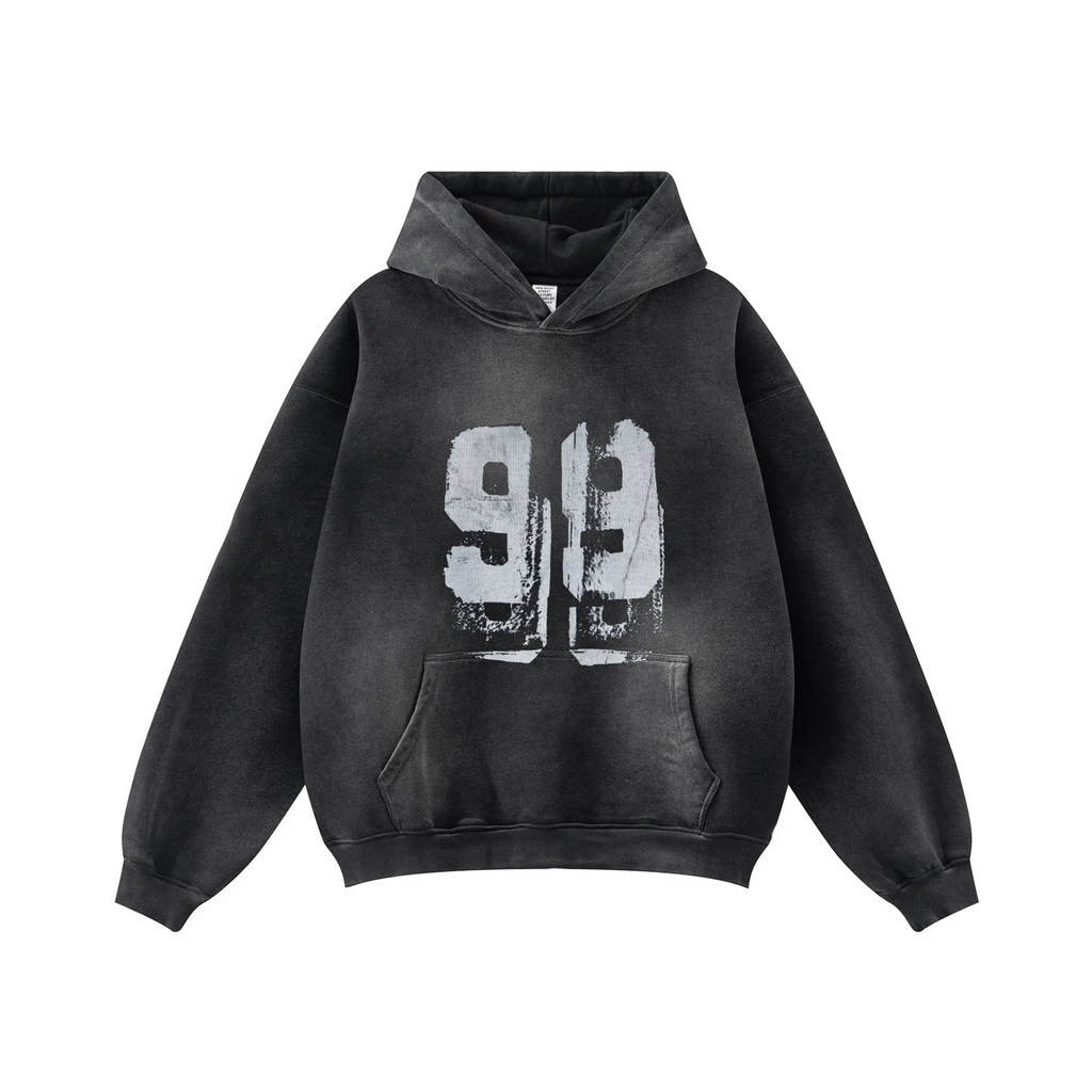 Black hoodie with '99' print on a white background