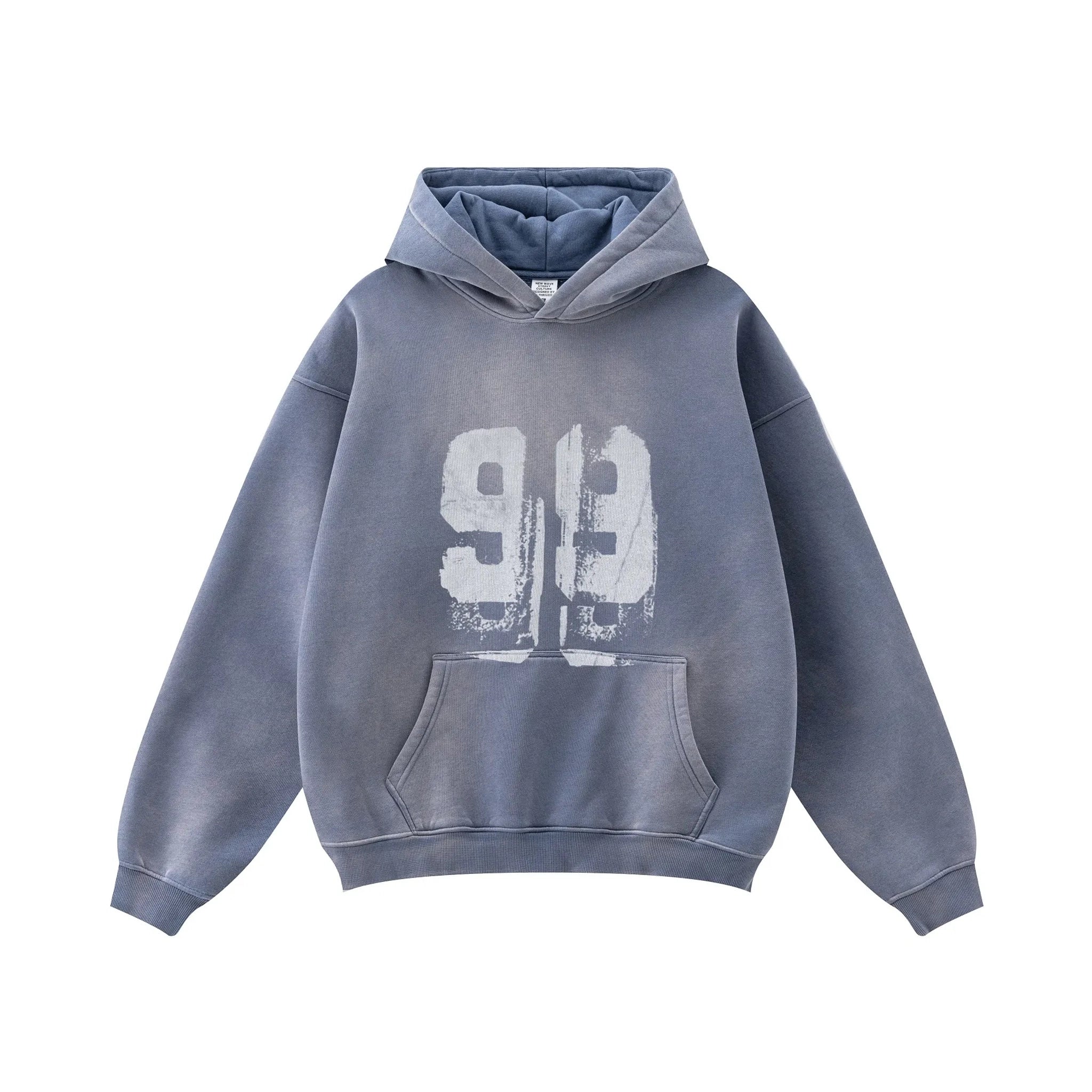 Blue hoodie with a graphic design on a white background