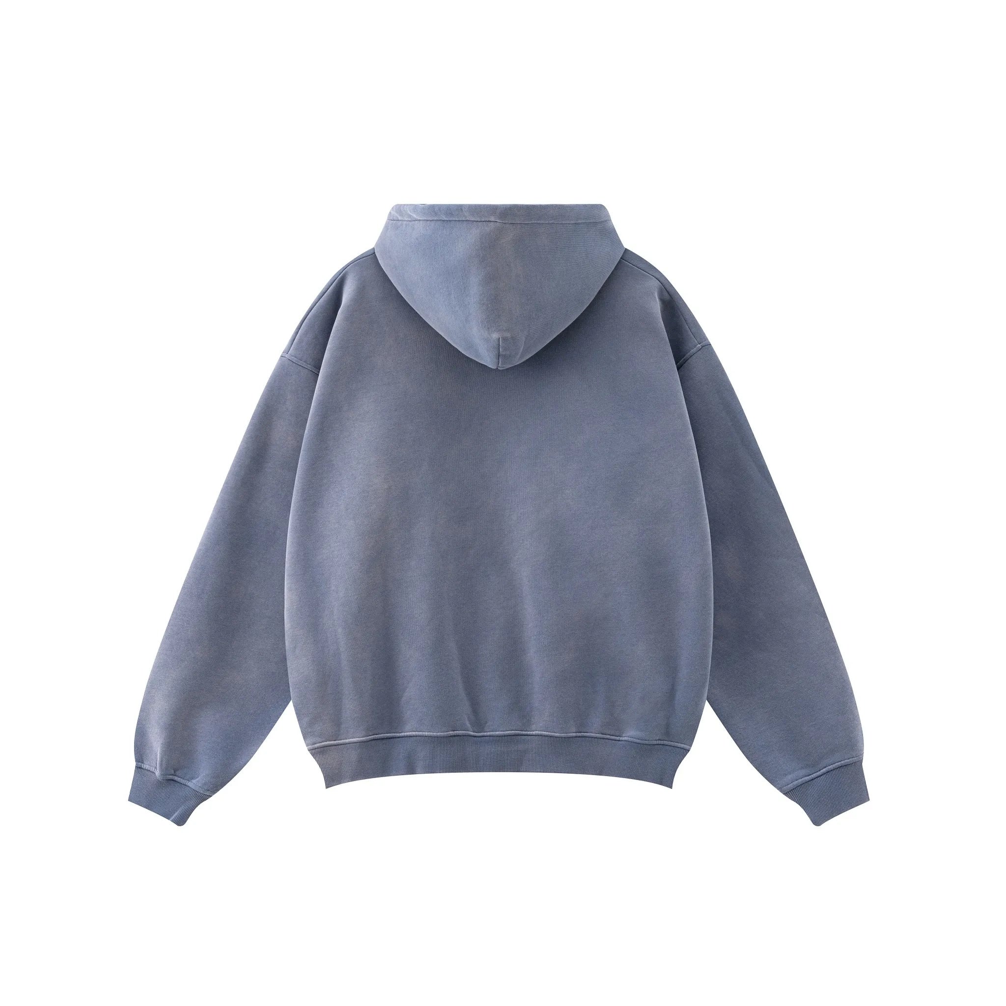 Blue hoodie shown from the back on a white background