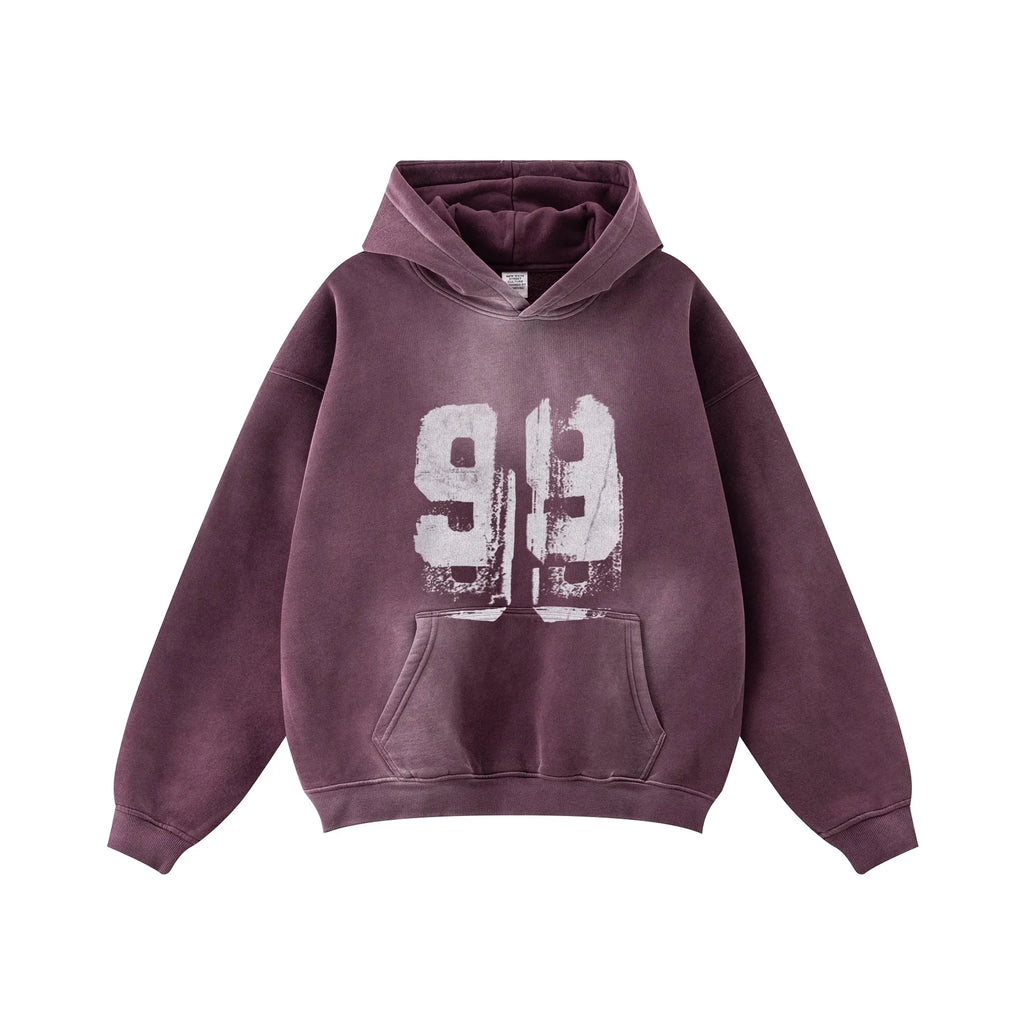 Maroon hoodie with white number '99' on a white background