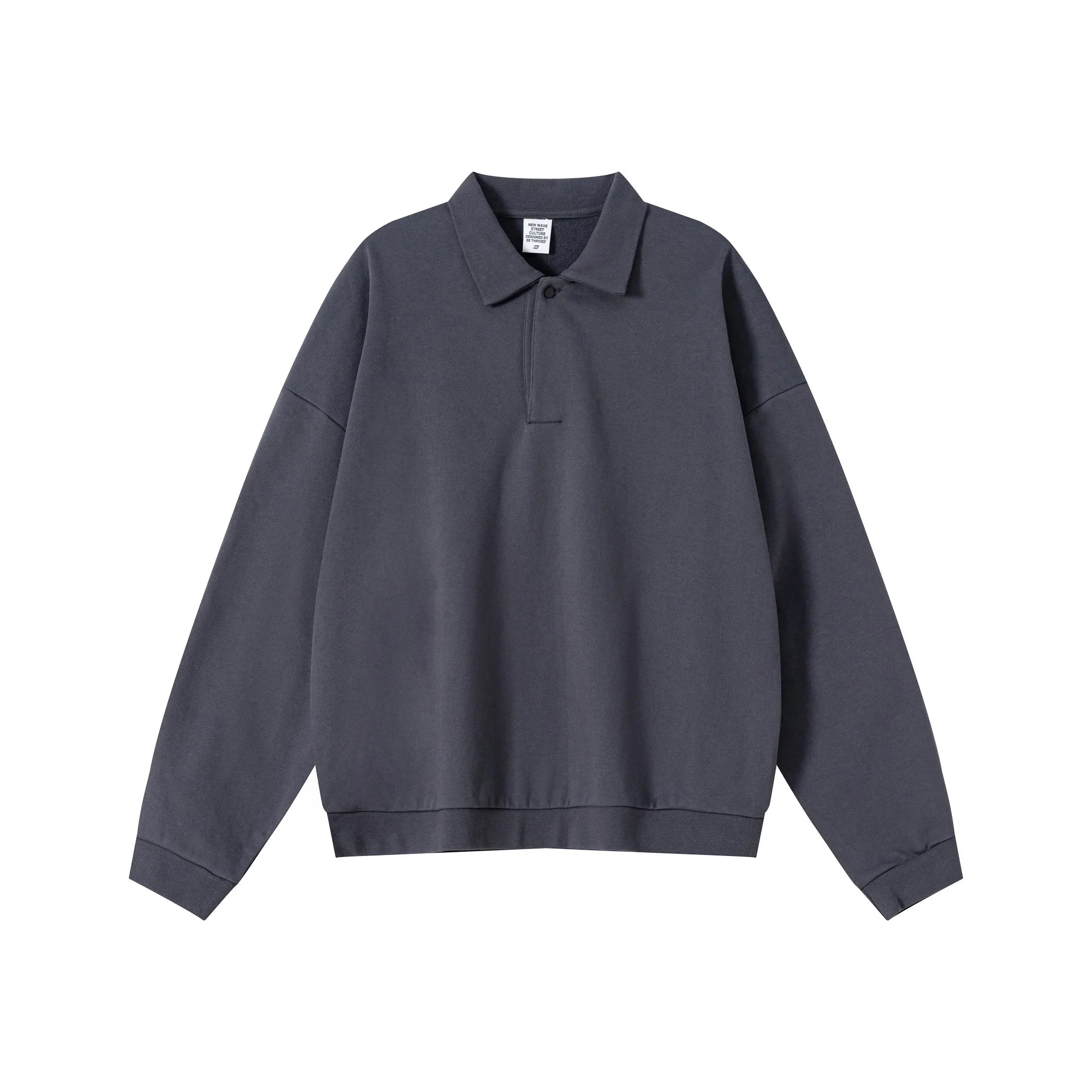 Dark gray sweatshirt with polo collar on a white background