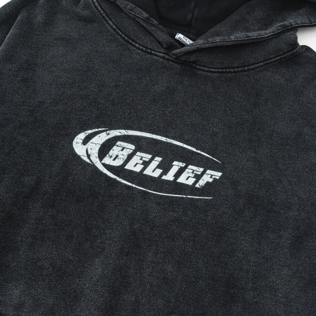 Black hoodie with 'BELIEF' logo on a white background