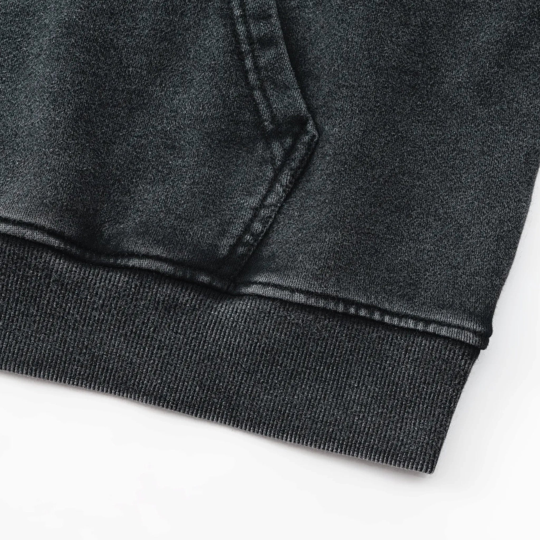 Close-up of a dark gray sweatshirt on a white background