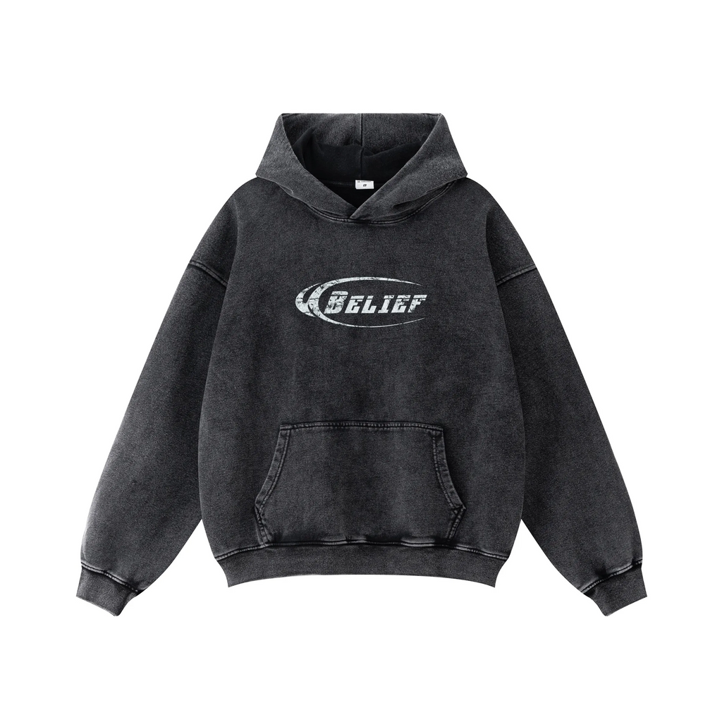 Black hoodie with 'BELIEF' logo on a white background