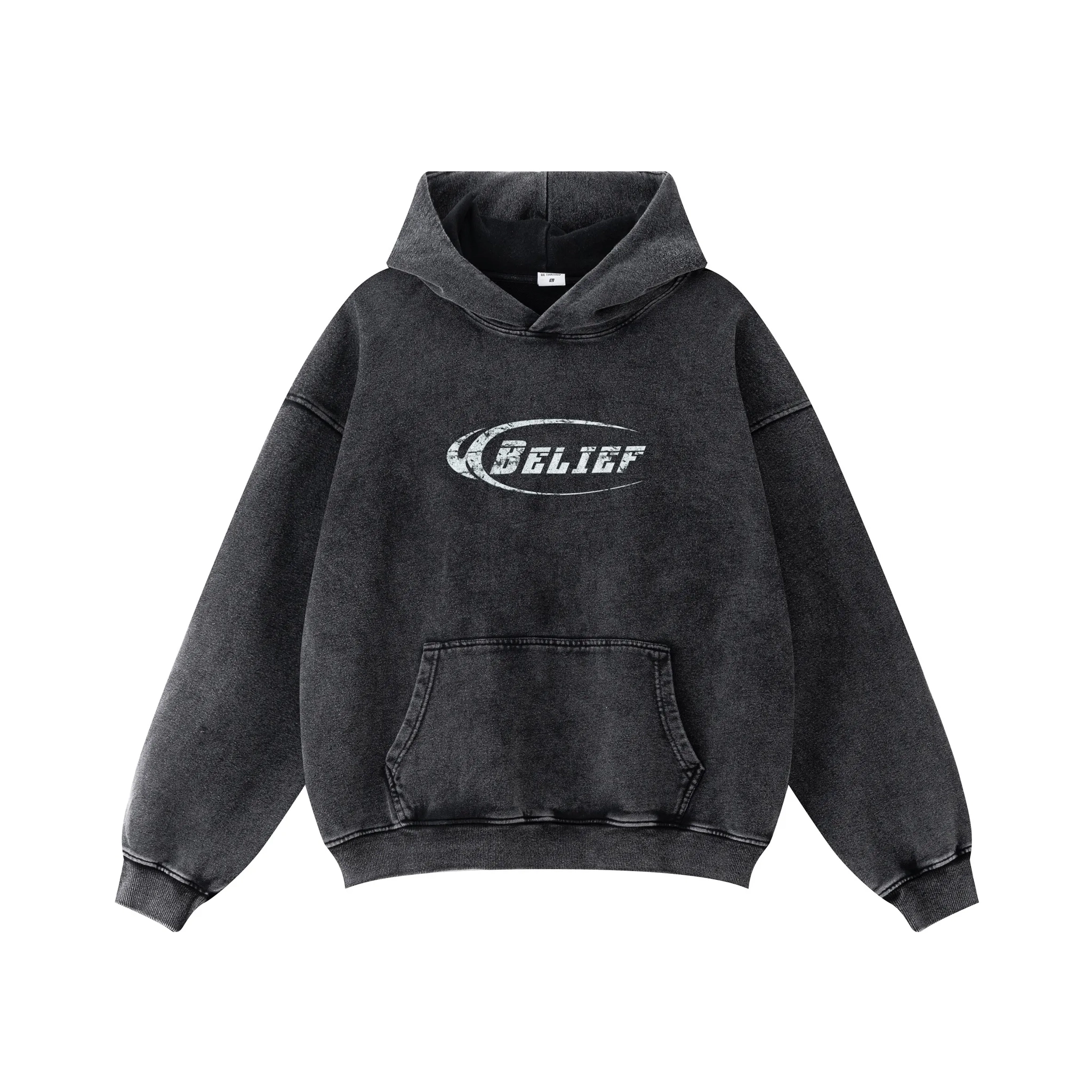Black hoodie with 'BELIEF' logo on a white background