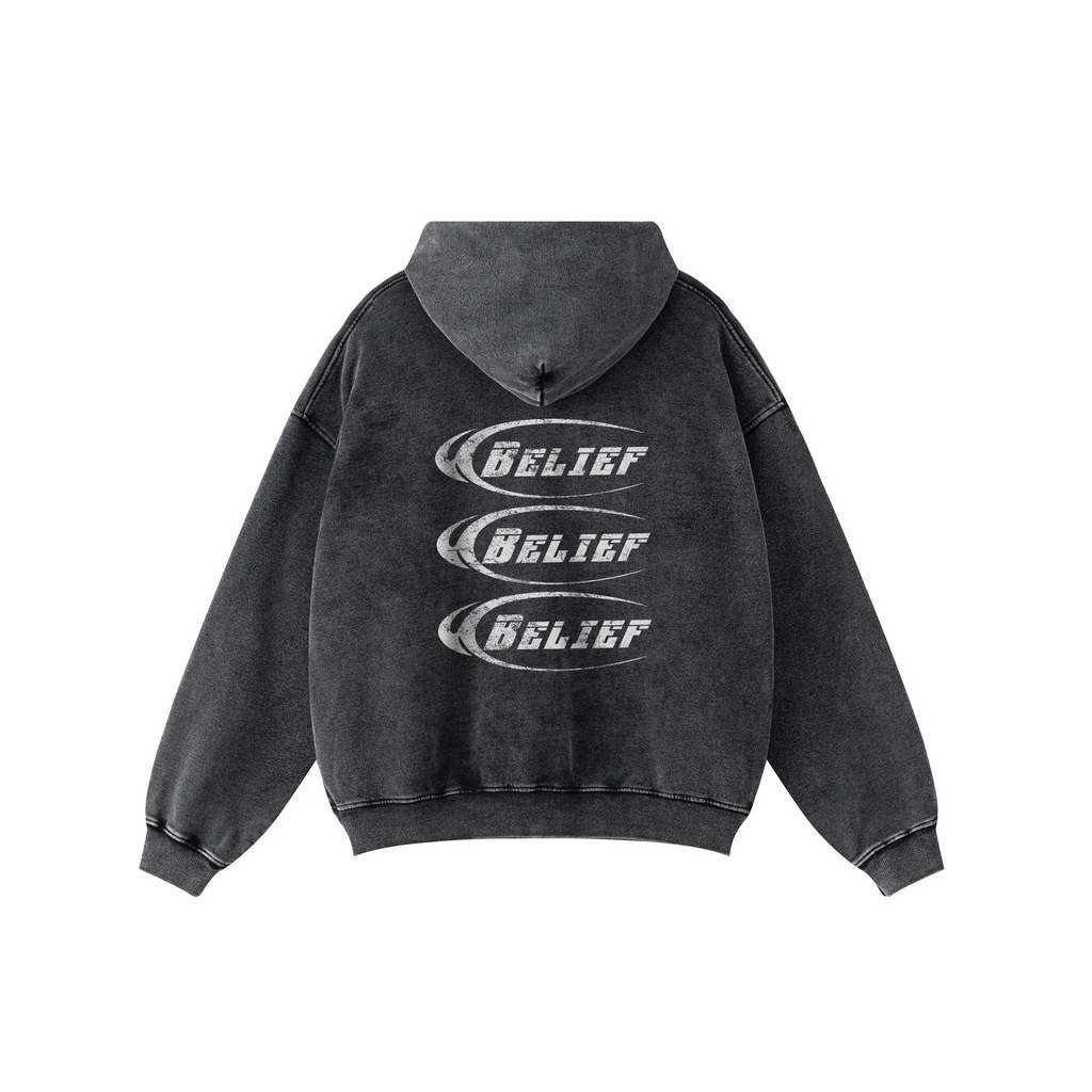 Black hoodie with 'BELIEF' text on the back against a white background