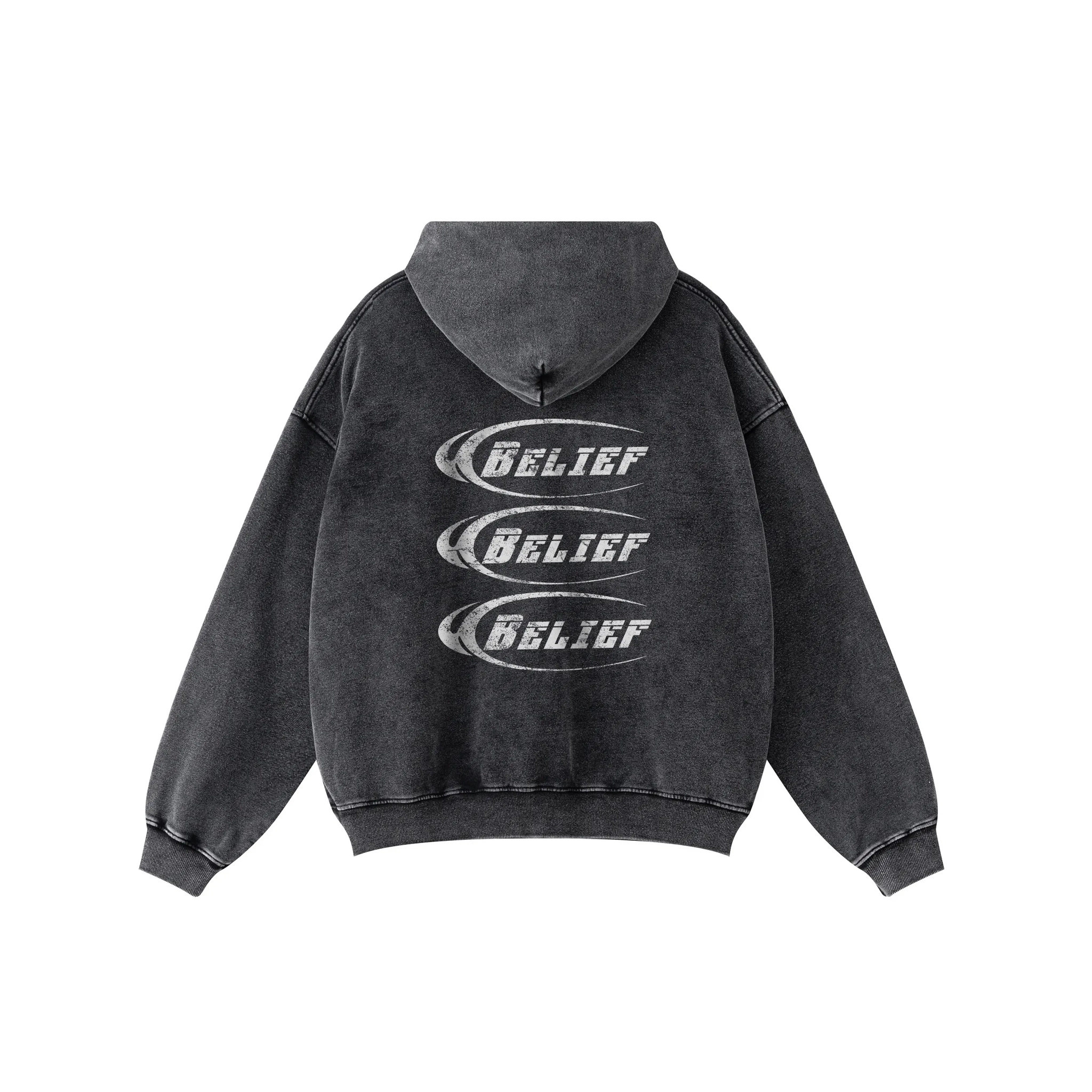 Black hoodie with 'BELIEF' text on the back against a white background