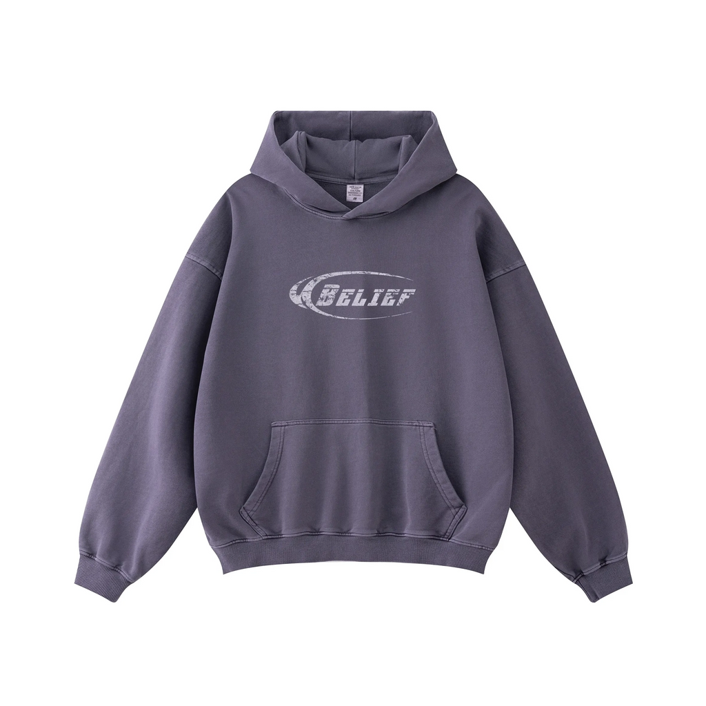 Gray hoodie with a logo on a white background