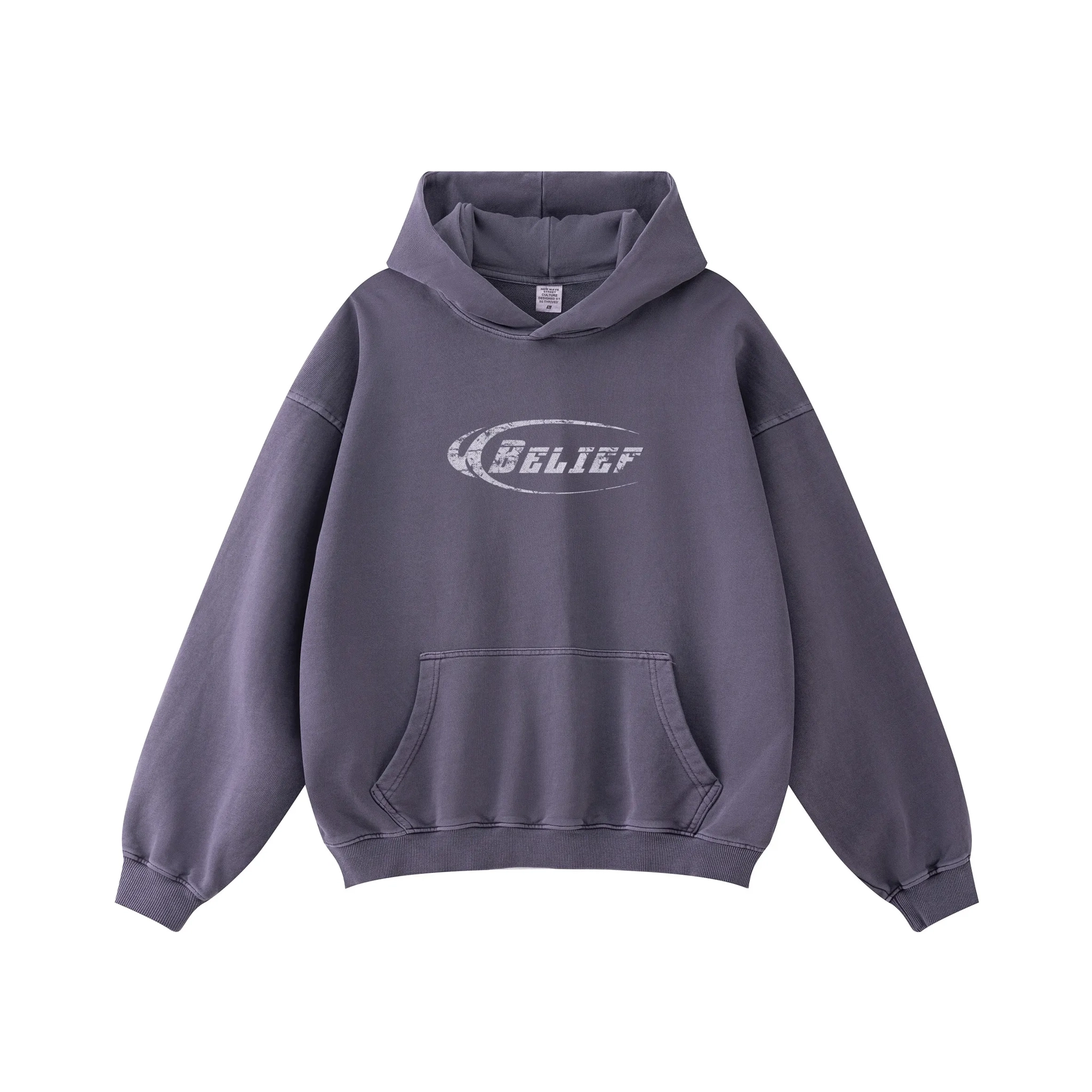 Gray hoodie with a logo on a white background