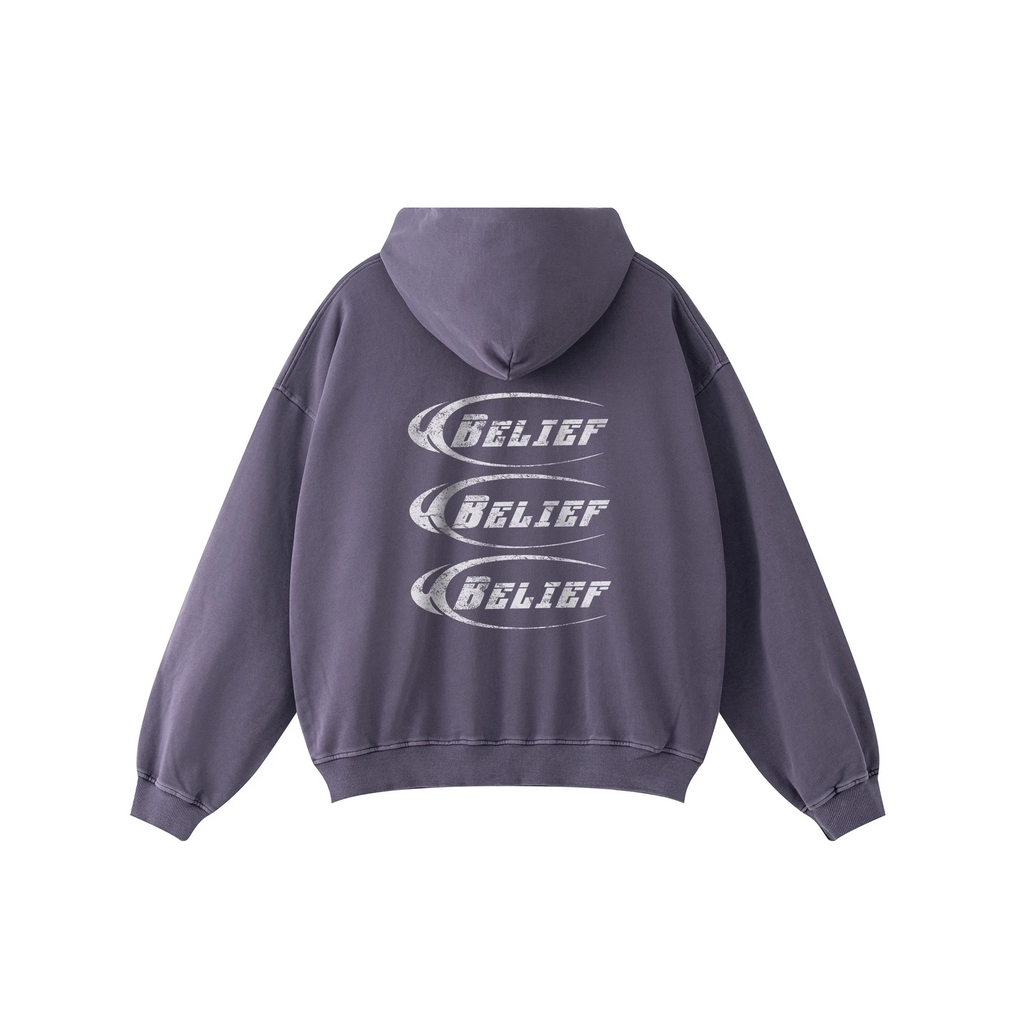 Purple hoodie with 'BELIEF' branding on the back against a white background