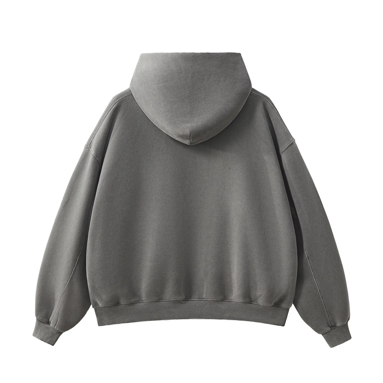 Gray hoodie shown from the back on a white background