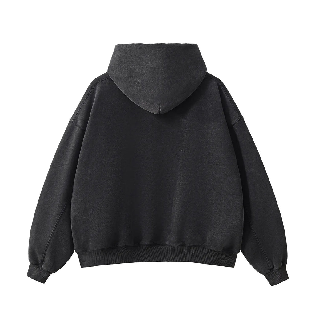 Black hoodie shown from the back on a white background