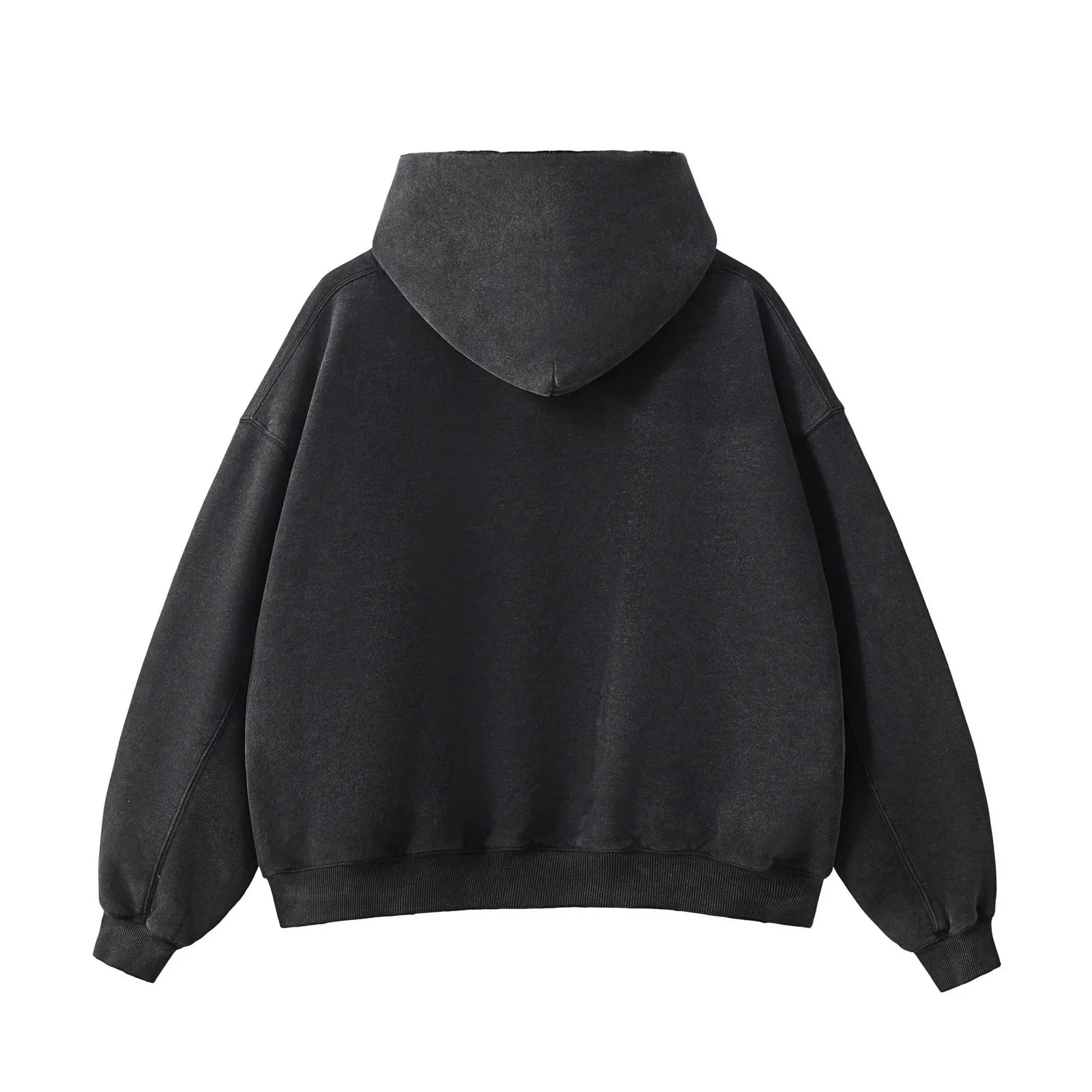 Black hoodie shown from the back on a white background