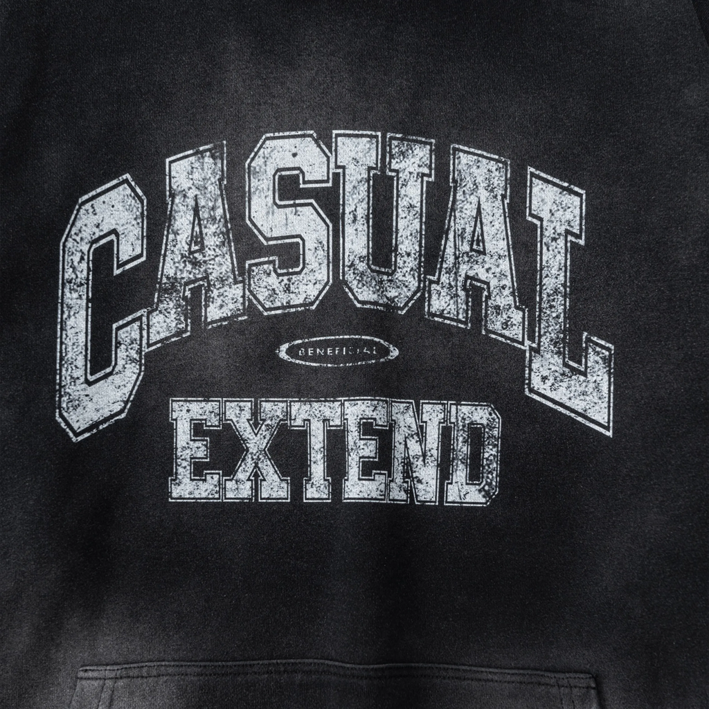 Black sweatshirt with 'Casual Extend' text in white on a dark background