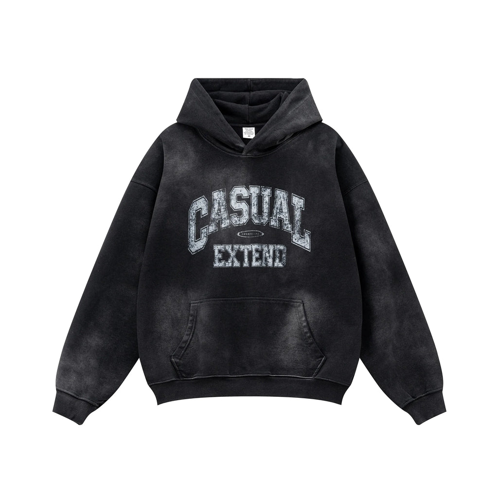 Black hoodie with 'Casual Extend' text on a white background