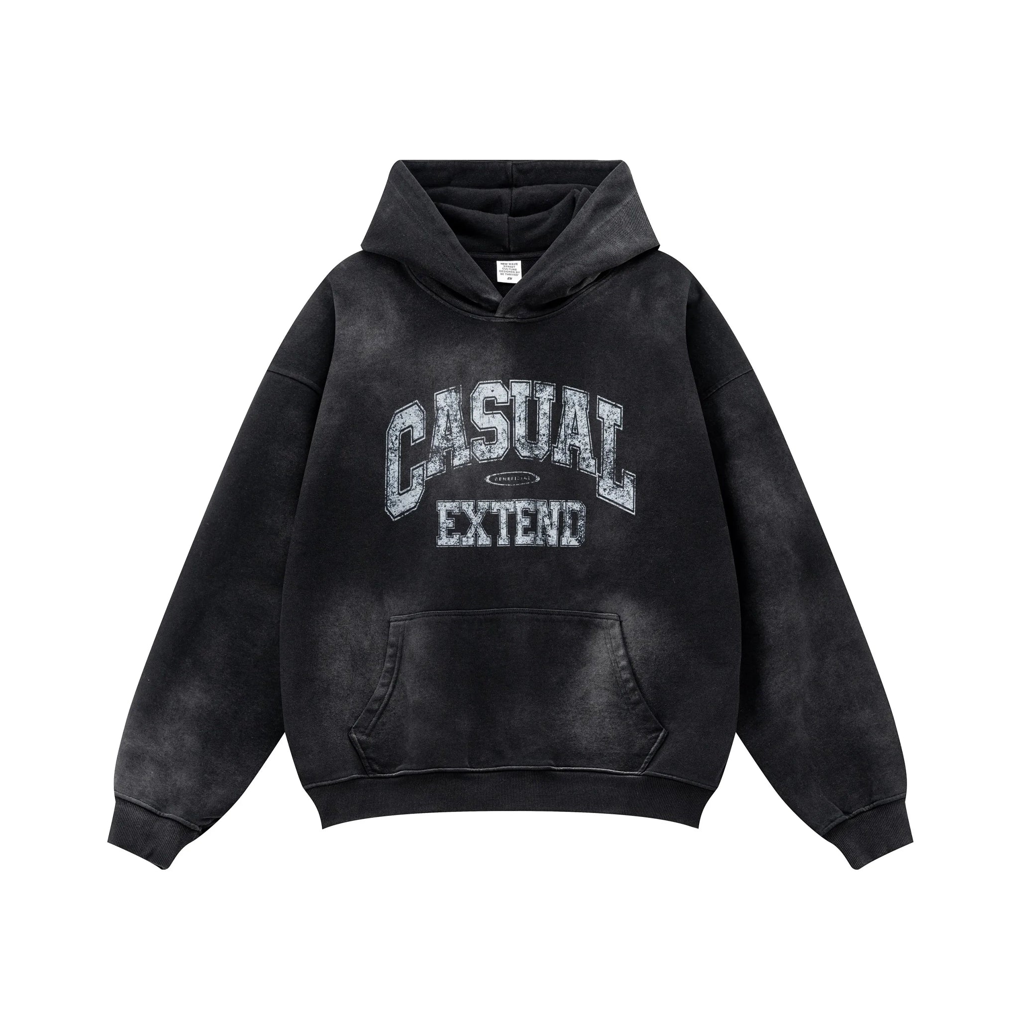 Black hoodie with 'Casual Extend' text on a white background