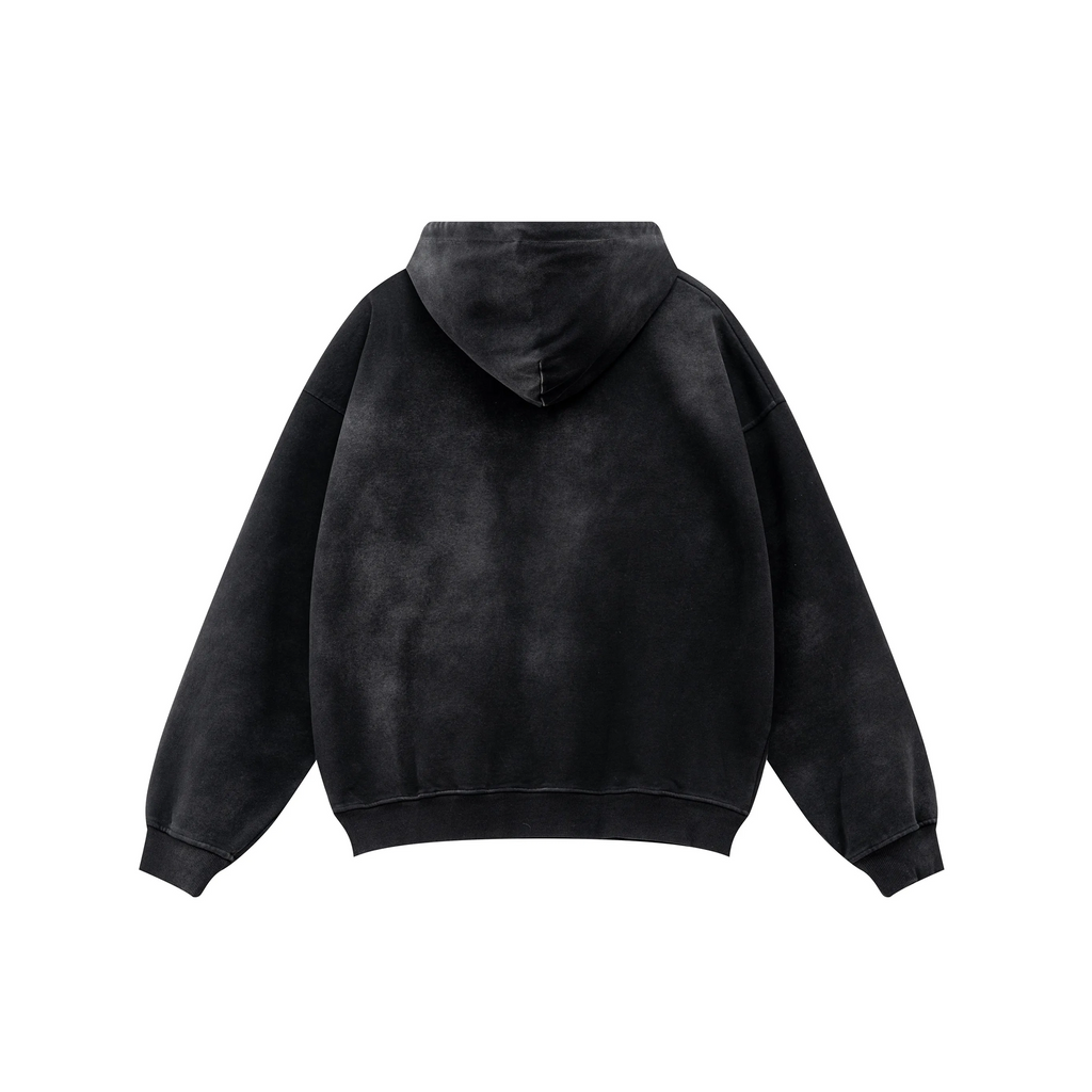 Black hoodie shown from the back on a white background
