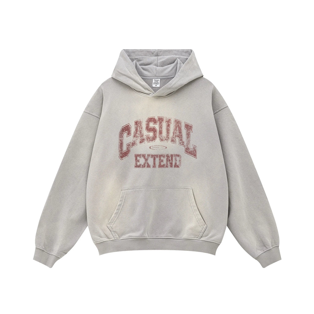 Gray hoodie with 'Casual Extend' text on a white background