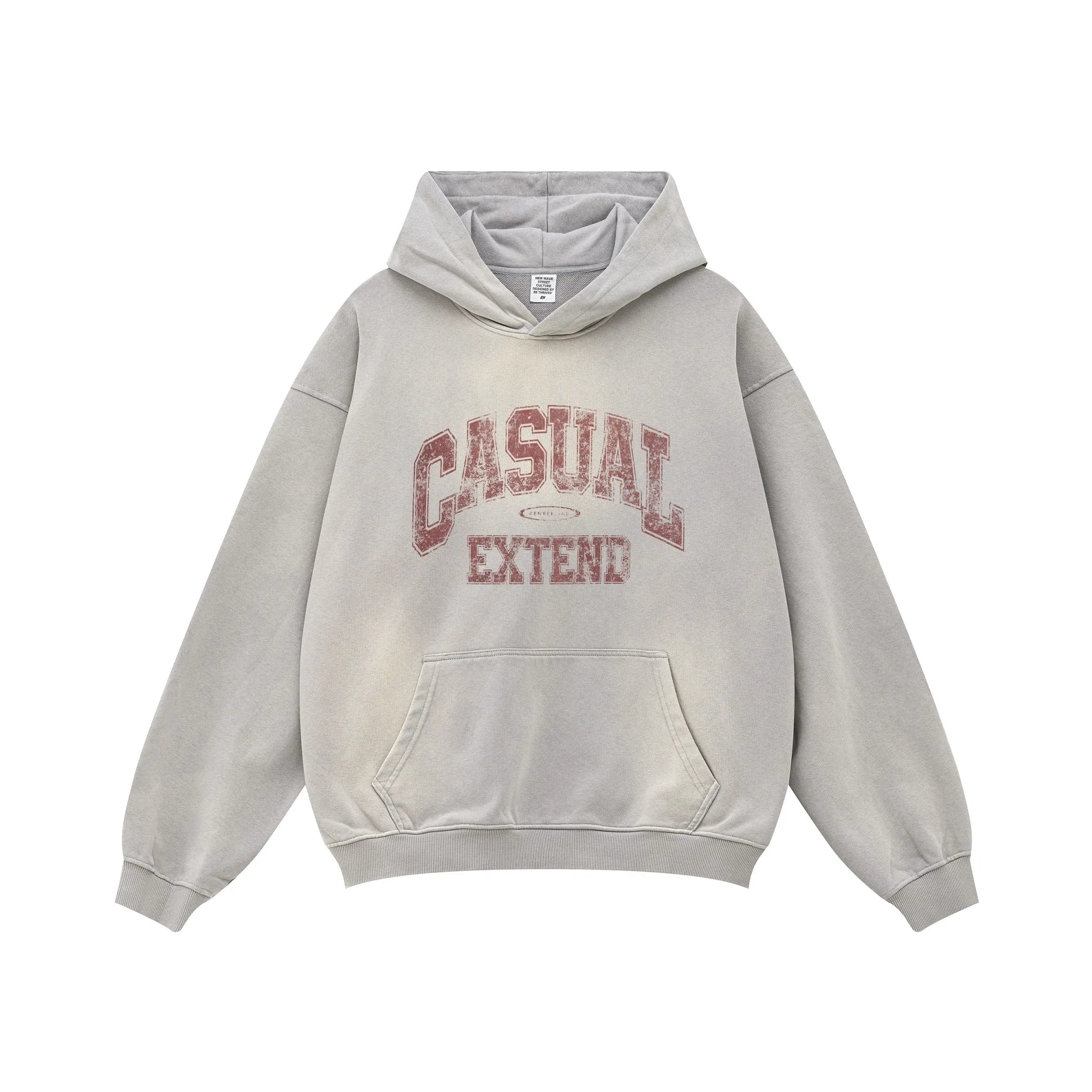 Gray hoodie with 'Casual Extend' text on a white background