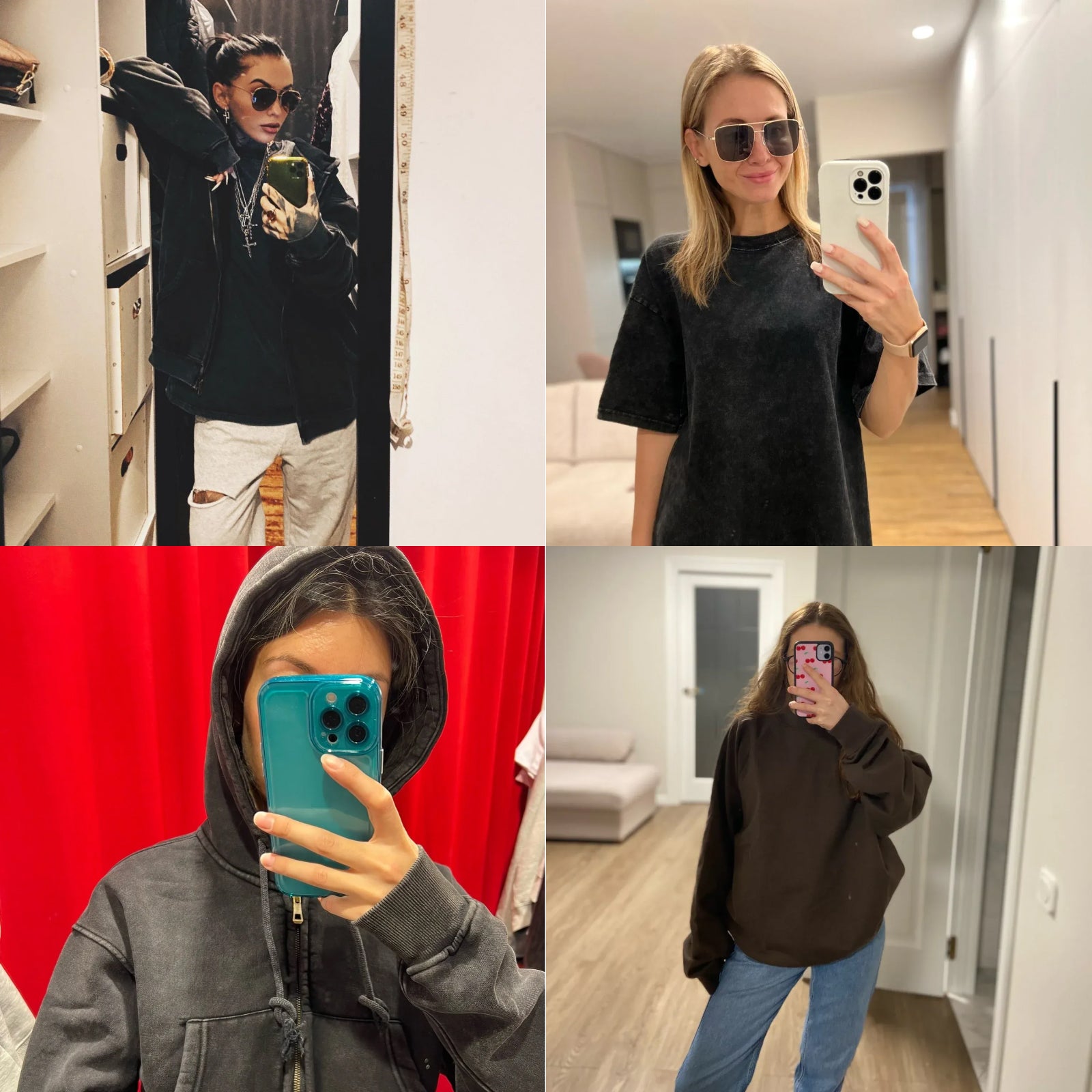 Collage of four photos featuring a person in different outfits and settings.