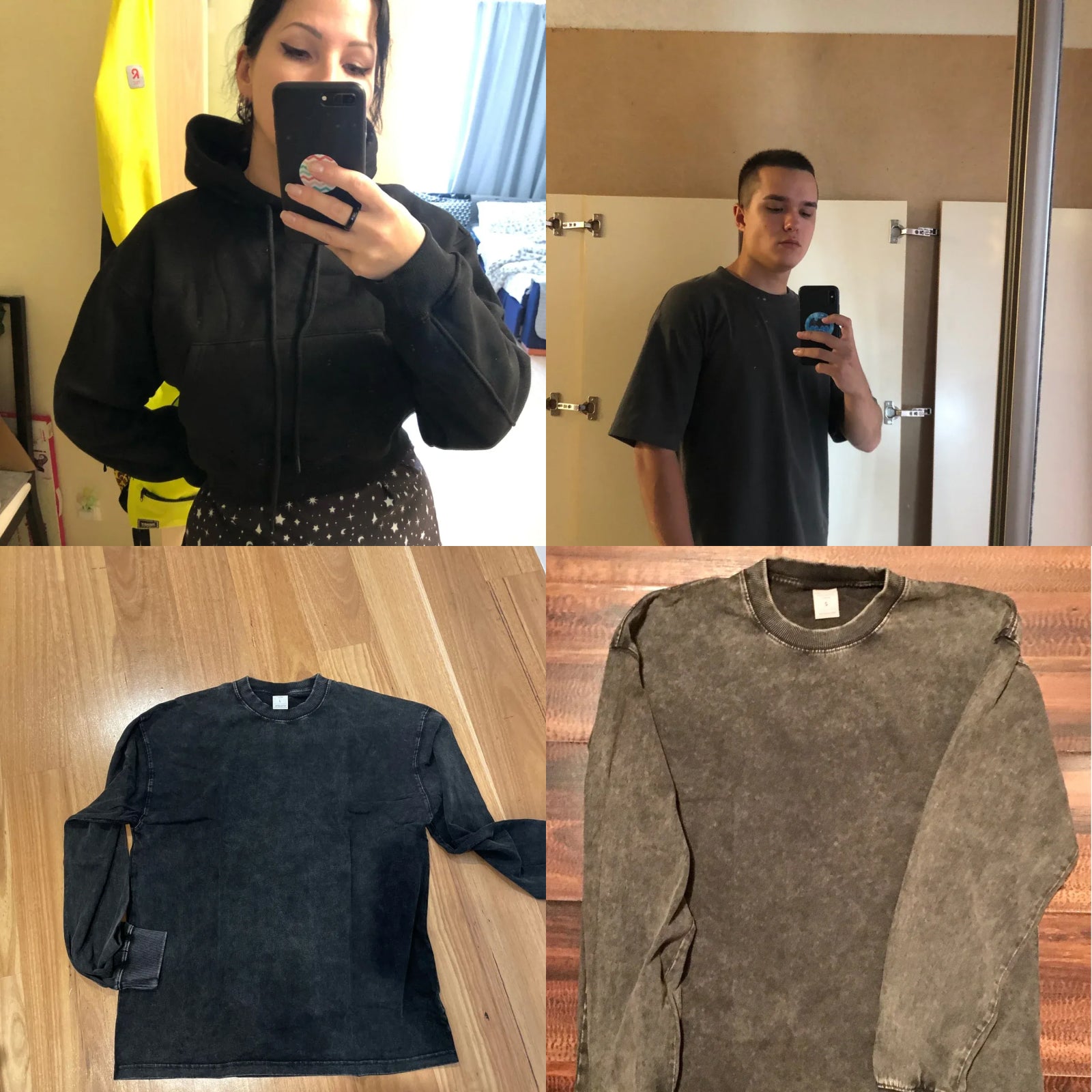 Collage of two people taking selfies and two sweaters on a wooden surface.