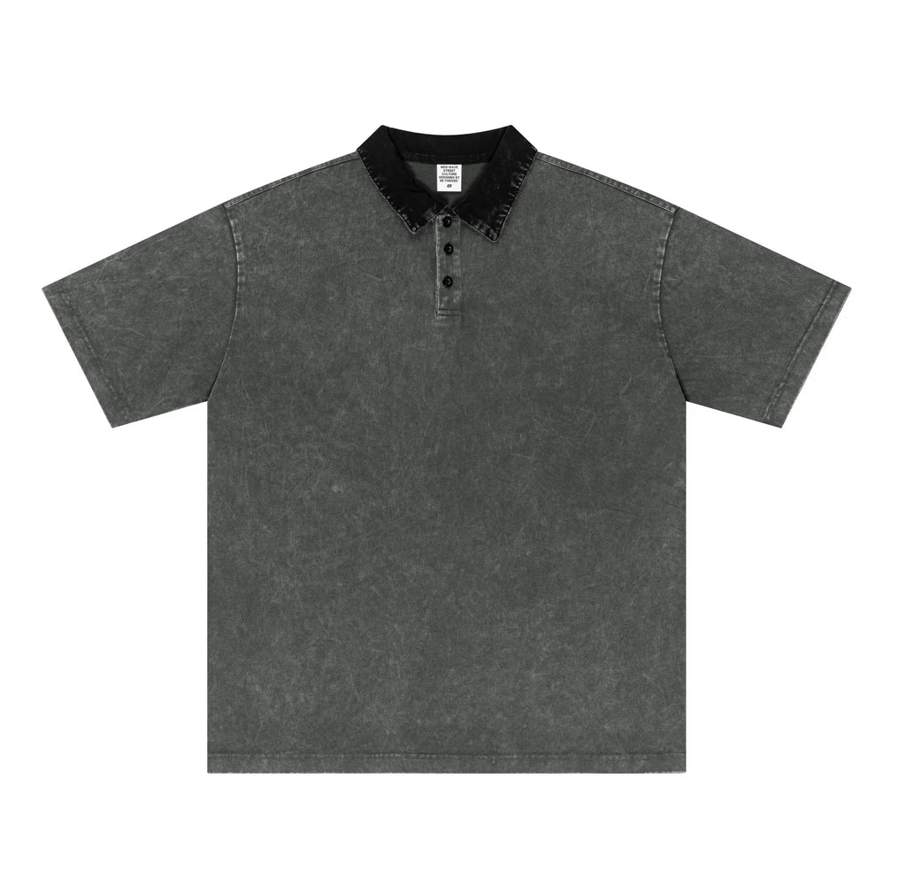 Gray polo shirt with black collar on a white background