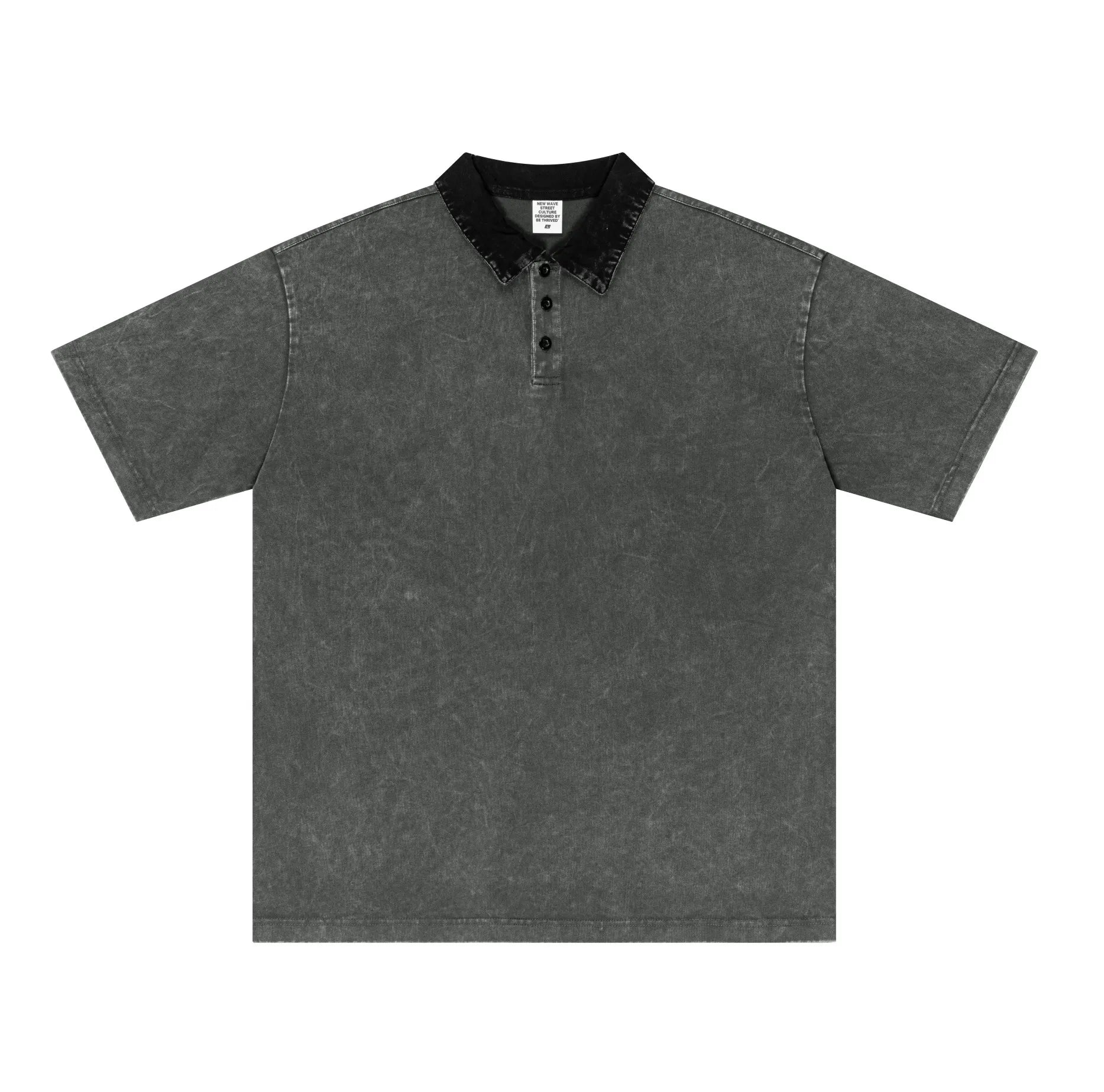 Gray polo shirt with black collar on a white background