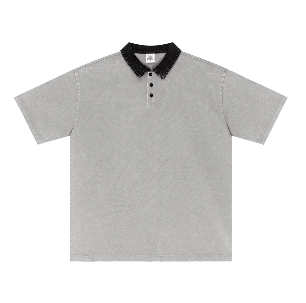 Gray polo shirt with black collar on a white background
