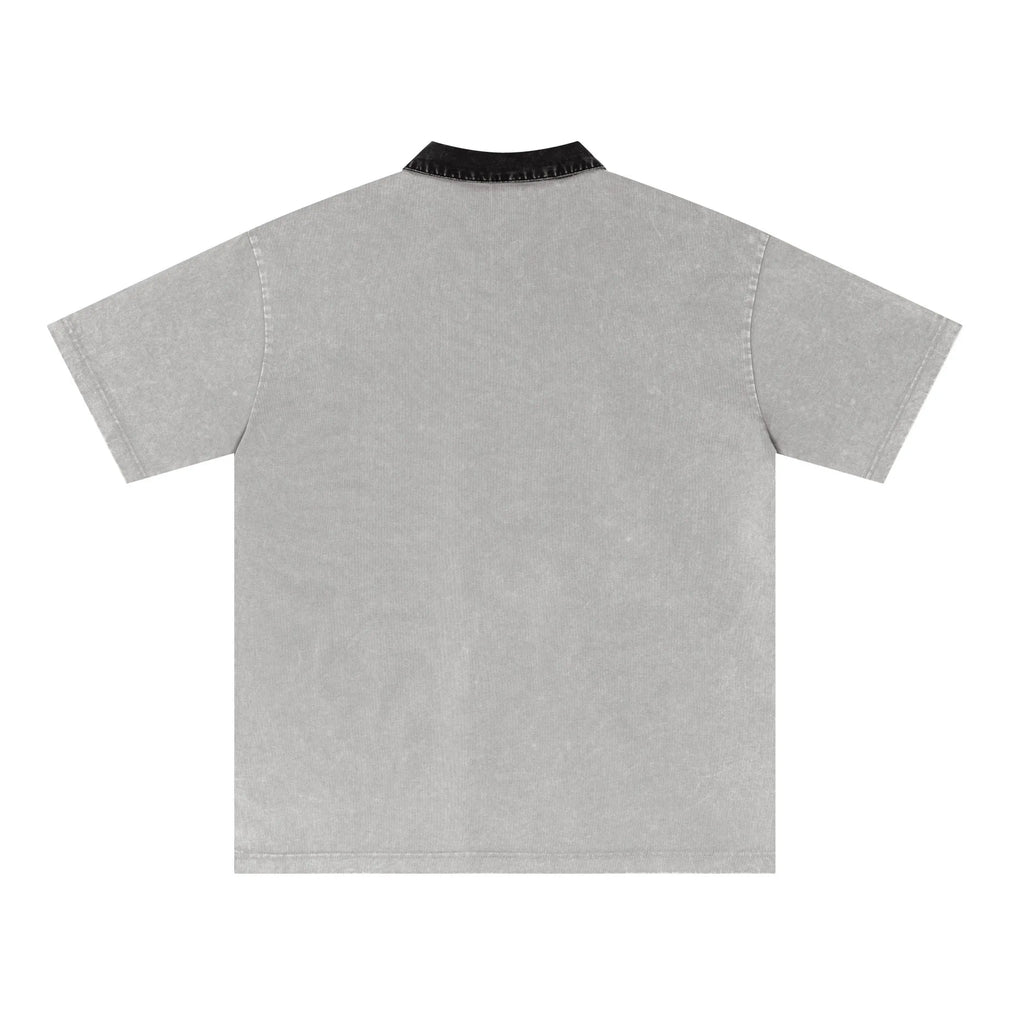 Gray polo shirt with black collar on a white background