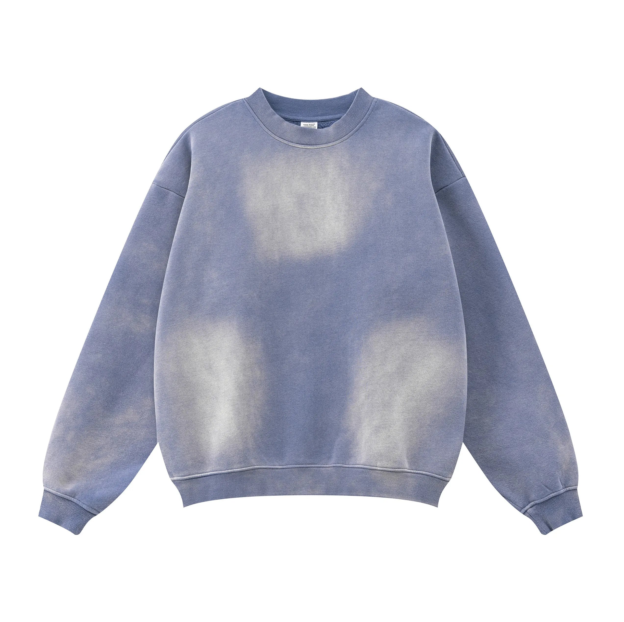 Blue sweatshirt with a tie-dye pattern on a white background