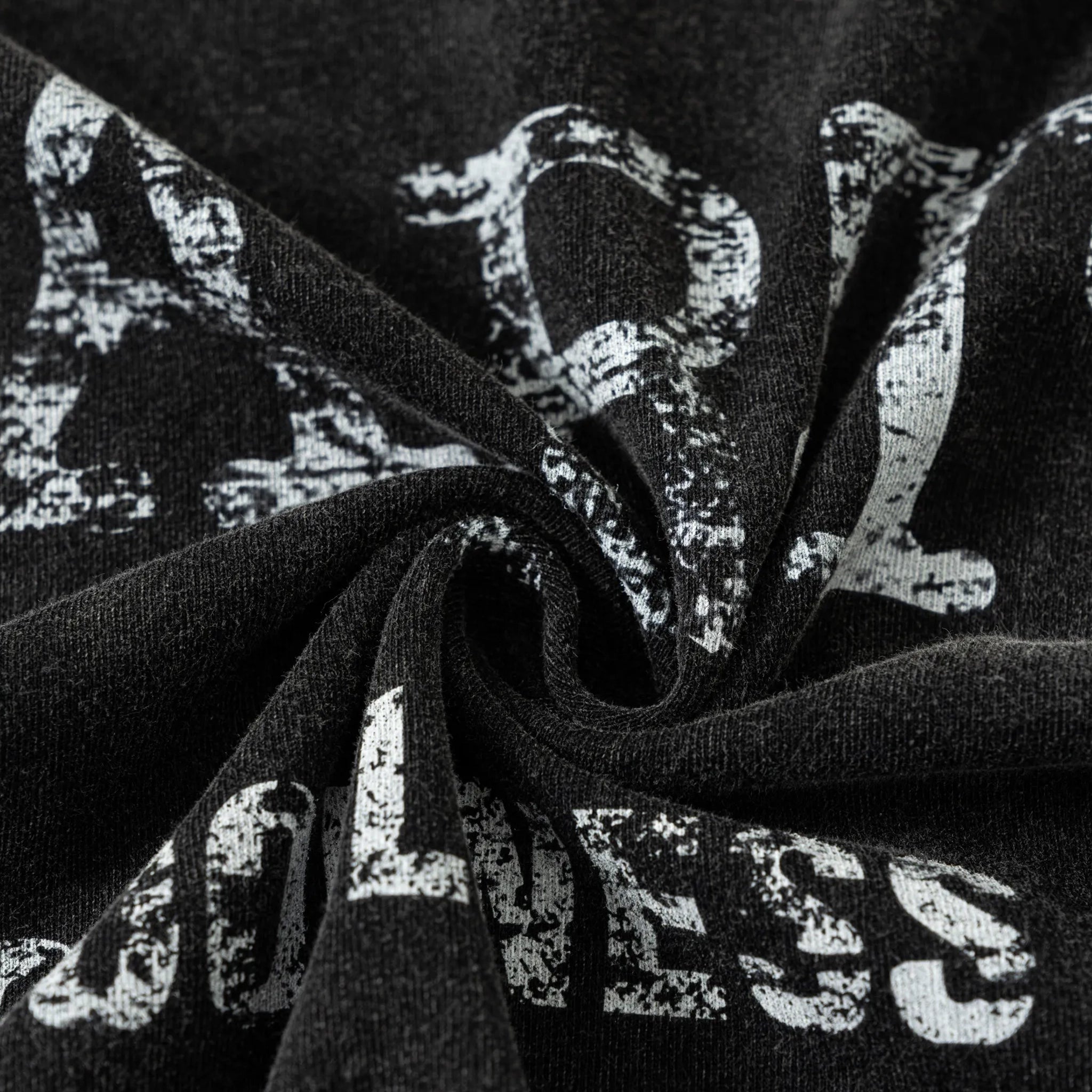 Close-up of black fabric with white text pattern