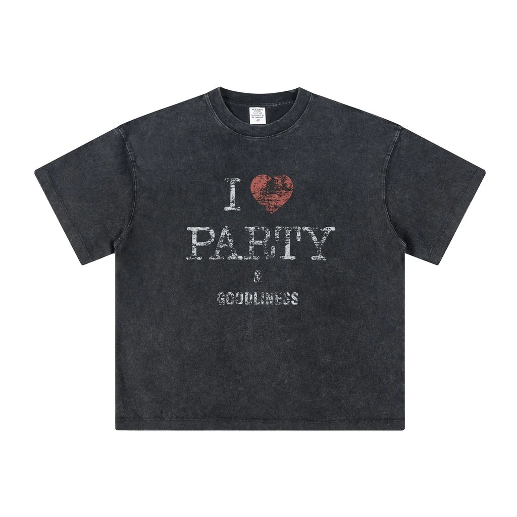 Black t-shirt with 'I ❤️ PARTY & GOODLINES' text on a white background