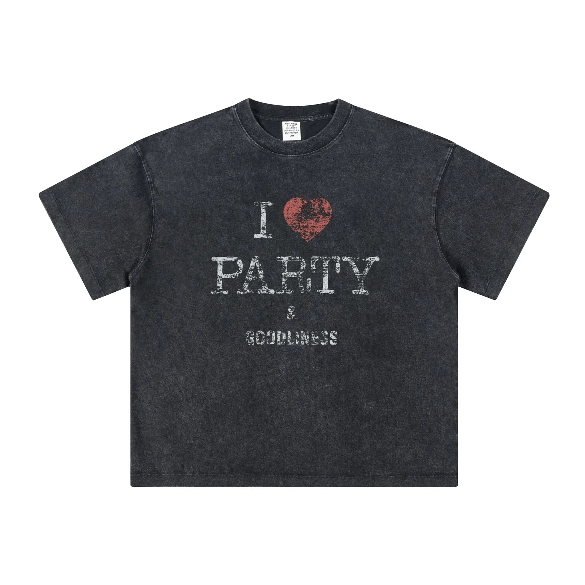 Black t-shirt with 'I ❤️ PARTY & GOODLINES' text on a white background