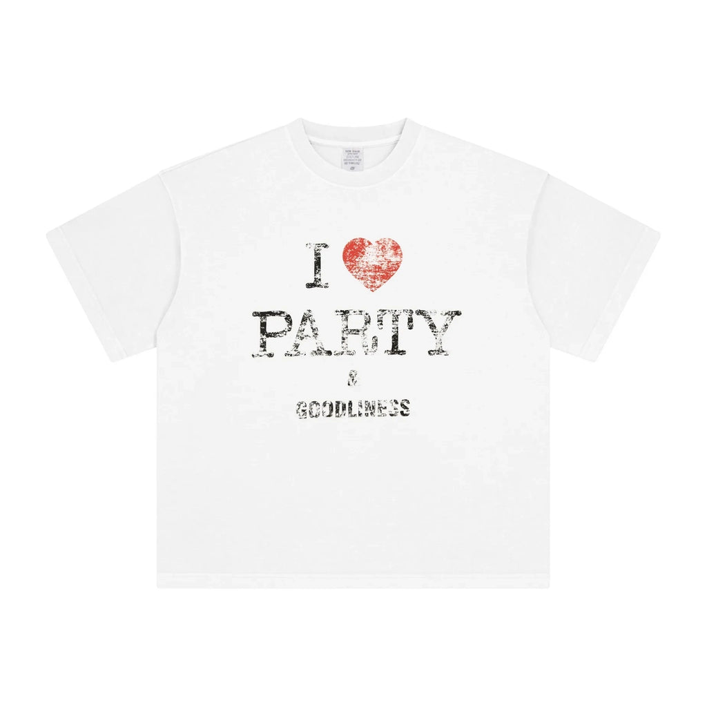 White t-shirt with 'I ❤️ PARITY & GOODLIINES' text on a white background