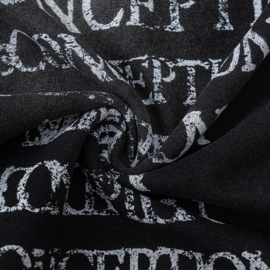 Black fabric with white text pattern