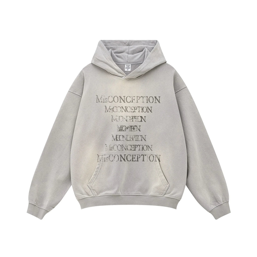 Gray hoodie with text on a white background