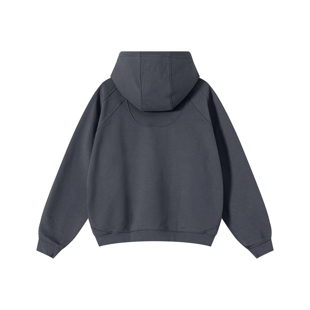 Dark gray hoodie shown from the back on a white background
