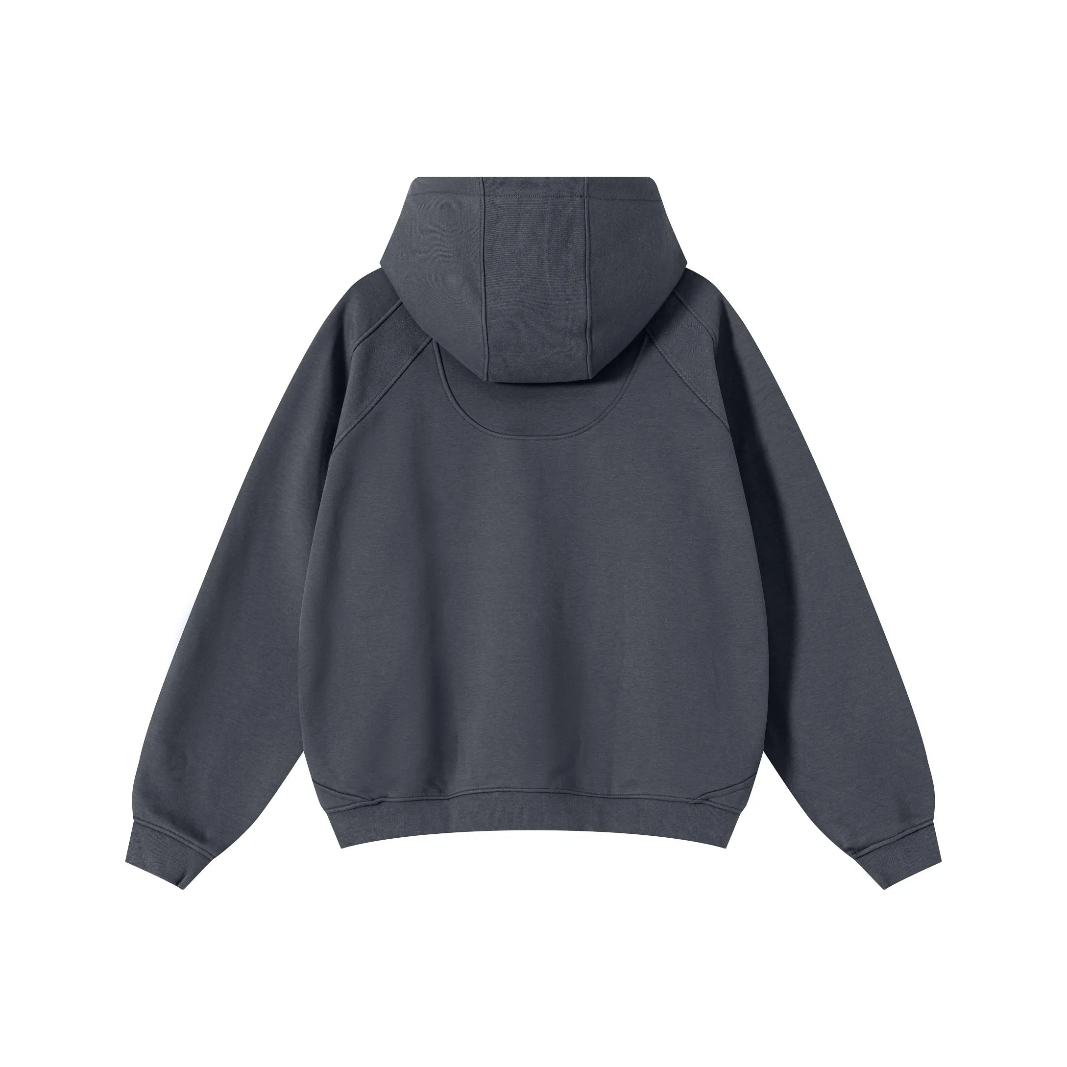 Dark gray hoodie shown from the back on a white background