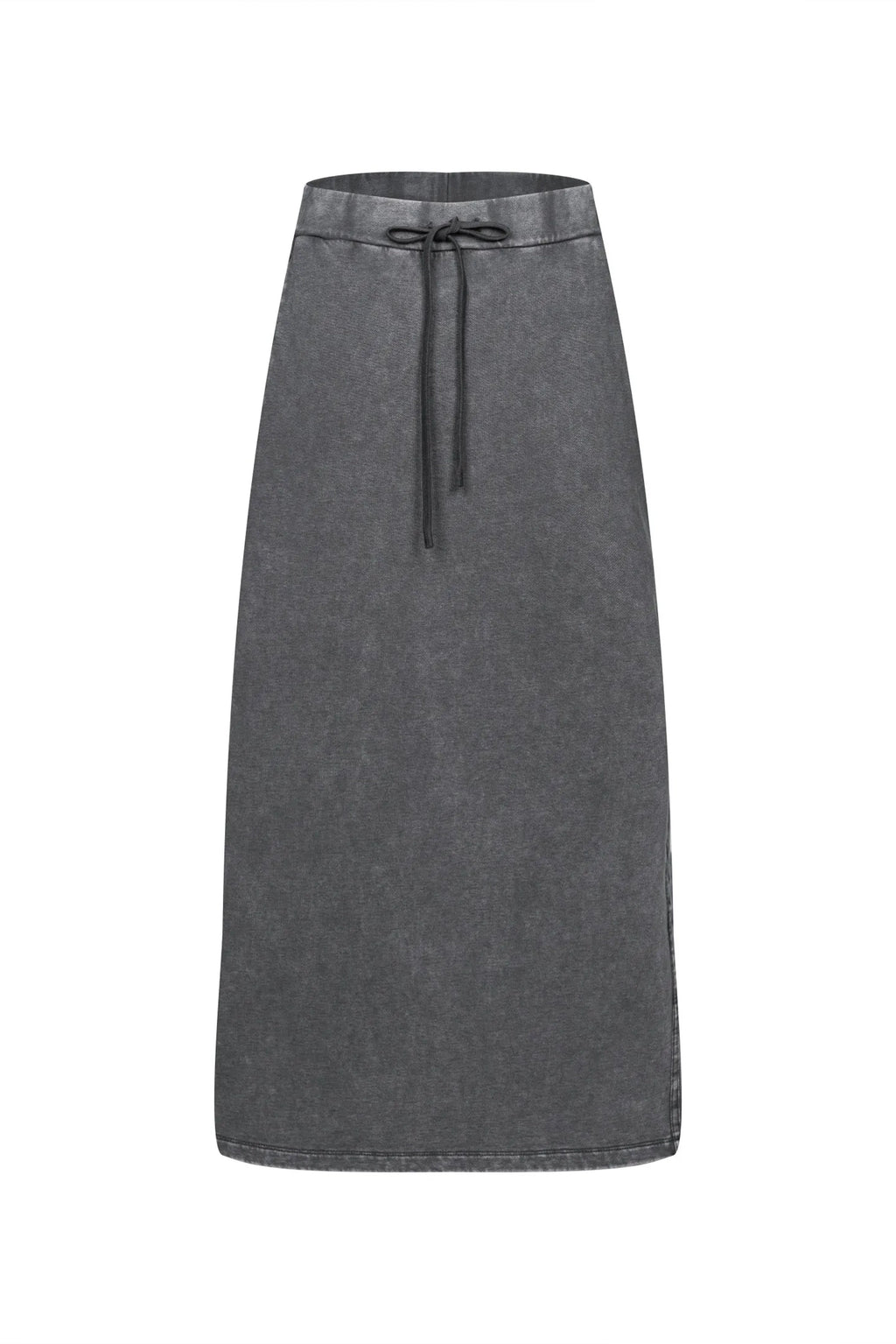 Gray denim skirt with a drawstring on a white background