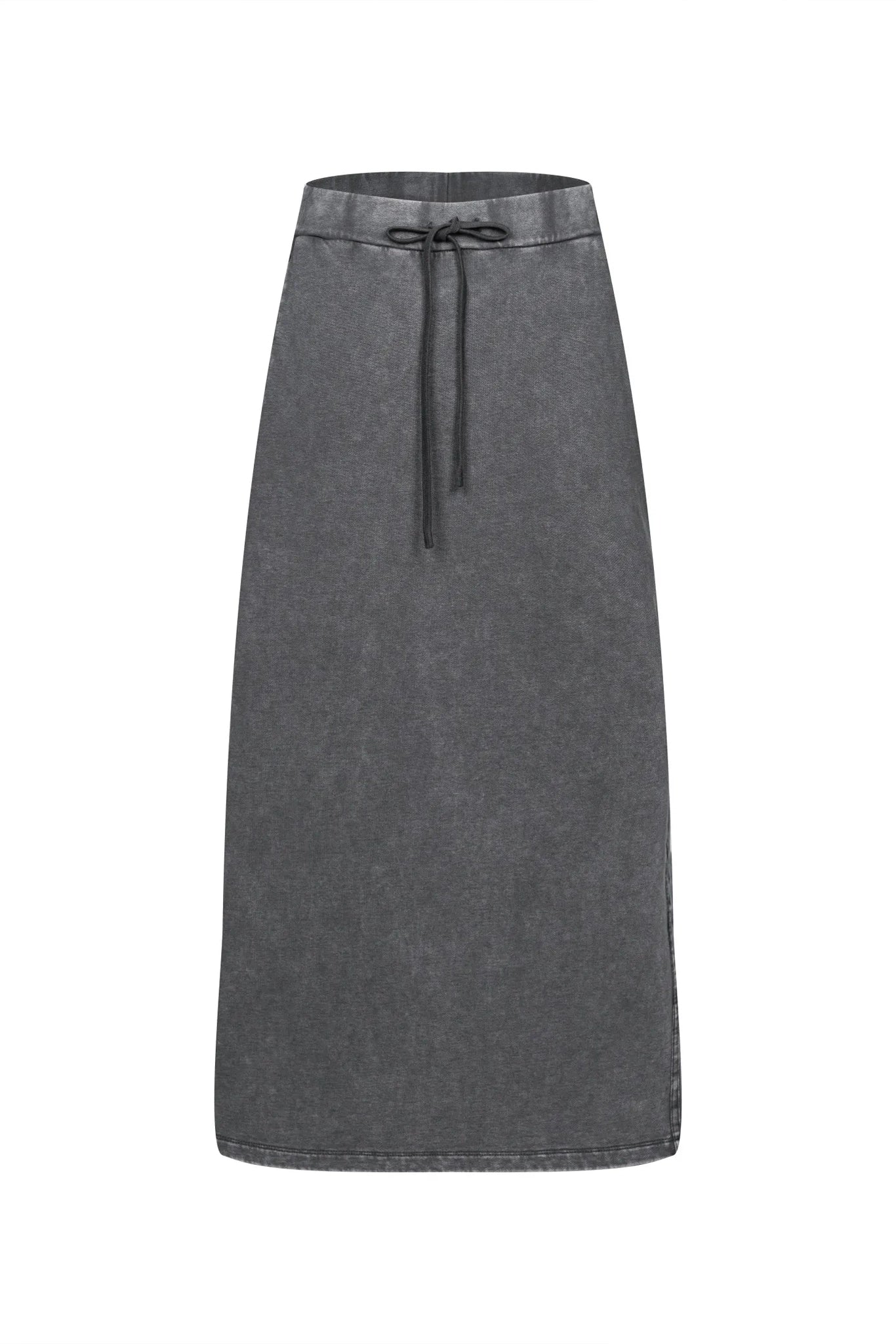 Gray denim skirt with a drawstring on a white background