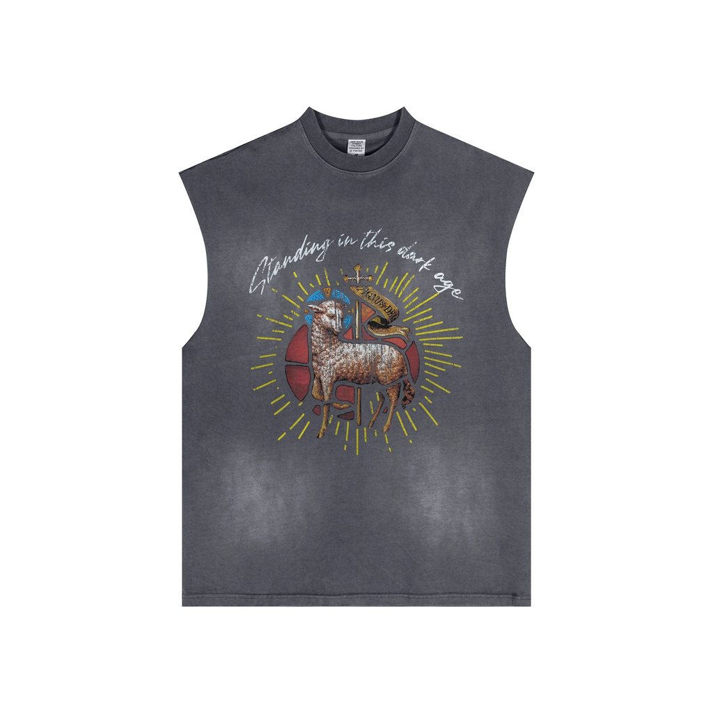 Sleeveless shirt with a graphic design of a sheep and text on a white background