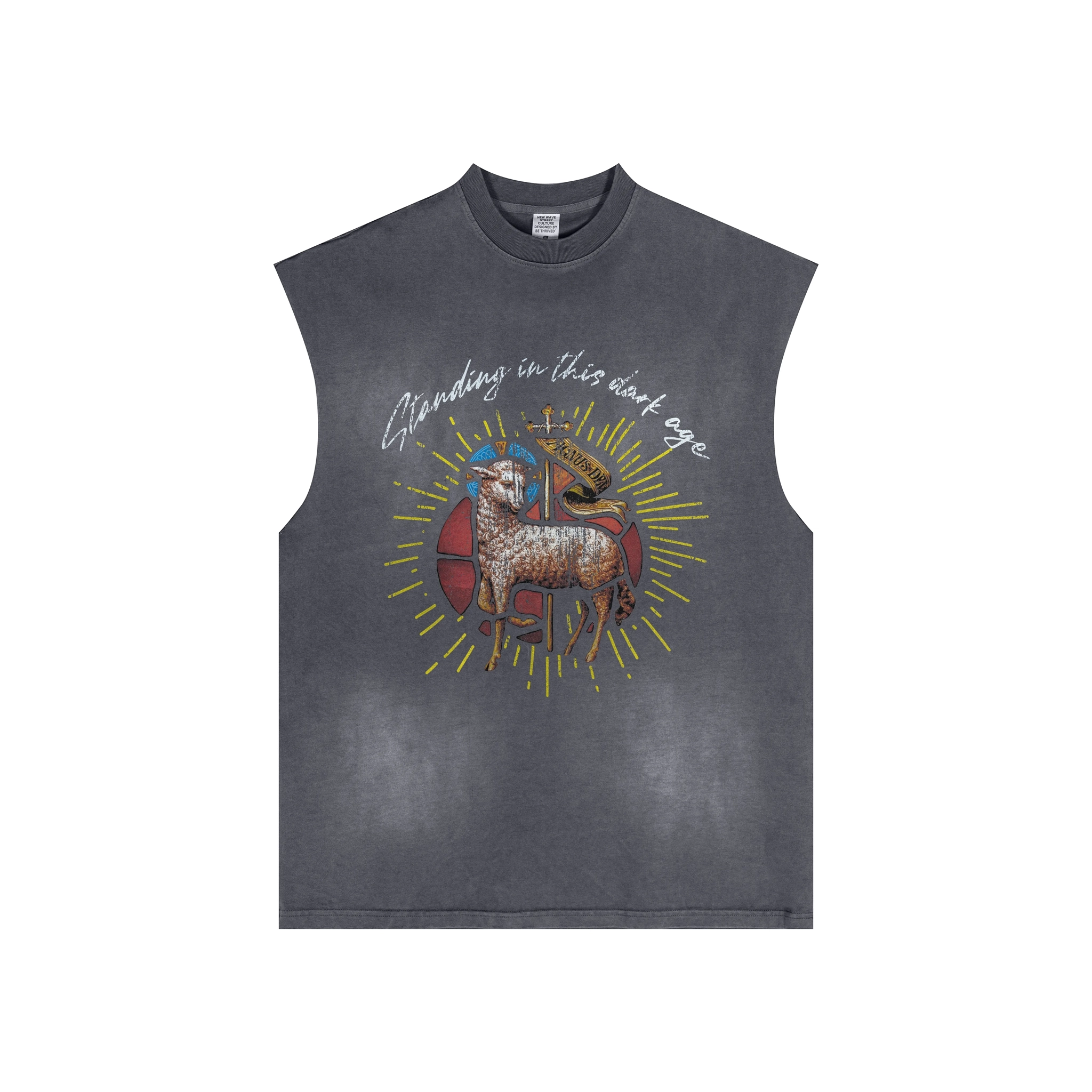Sleeveless shirt with a graphic design of a sheep and text on a white background