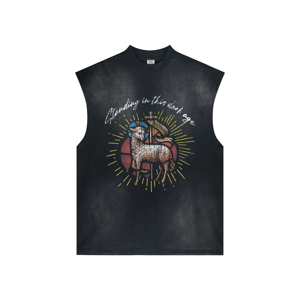 Black sleeveless shirt with a colorful graphic design on a white background