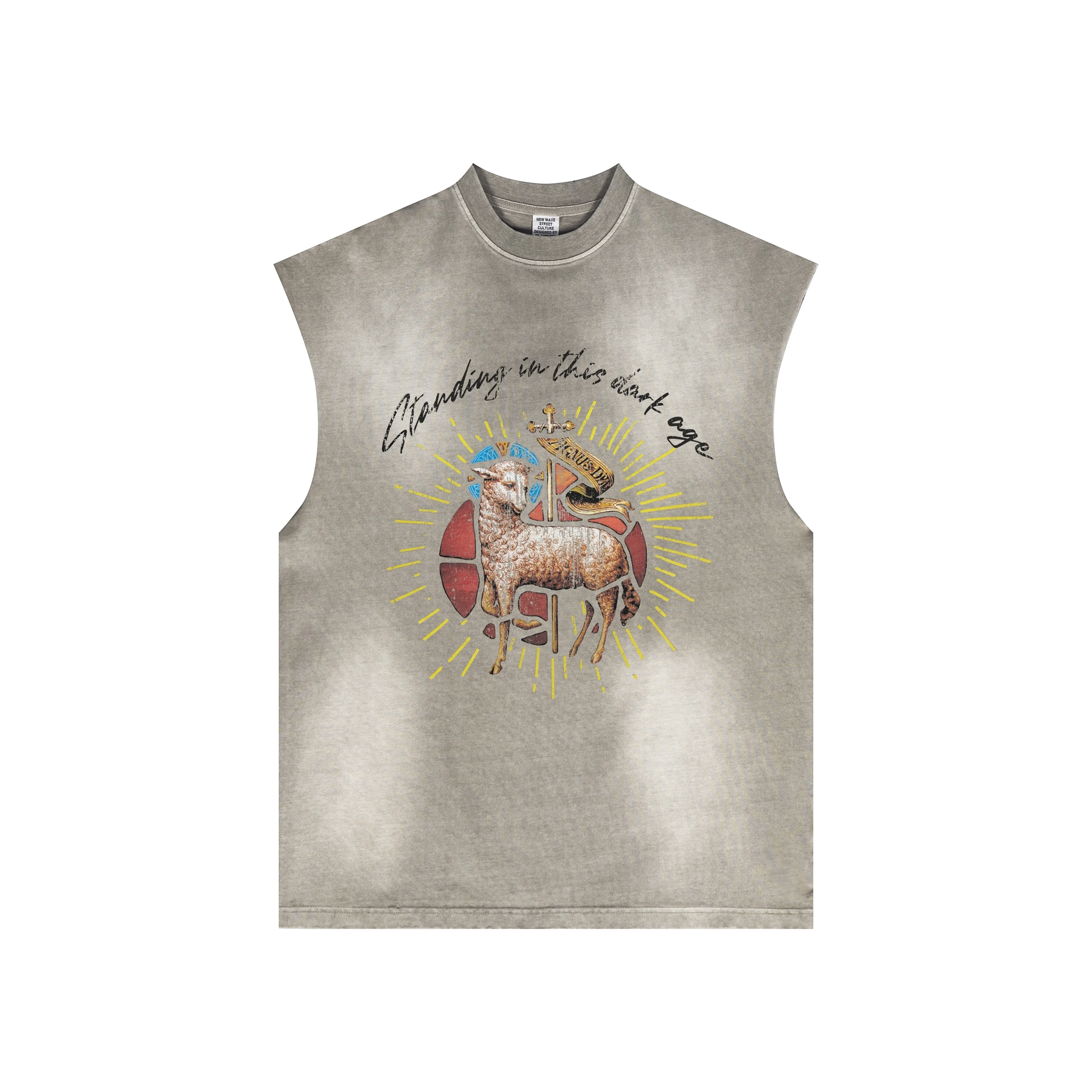 Sleeveless shirt with a graphic design on a white background