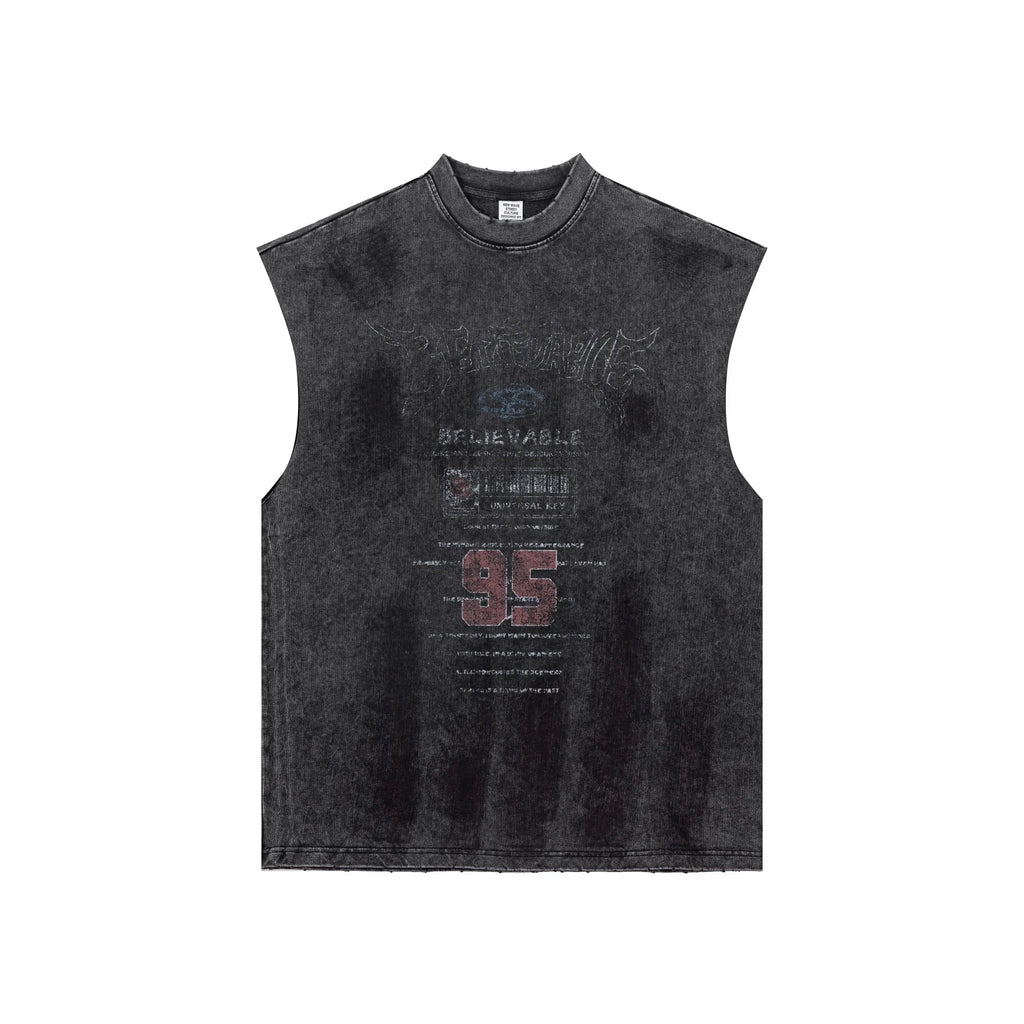 Black sleeveless shirt with text and numbers on a white background