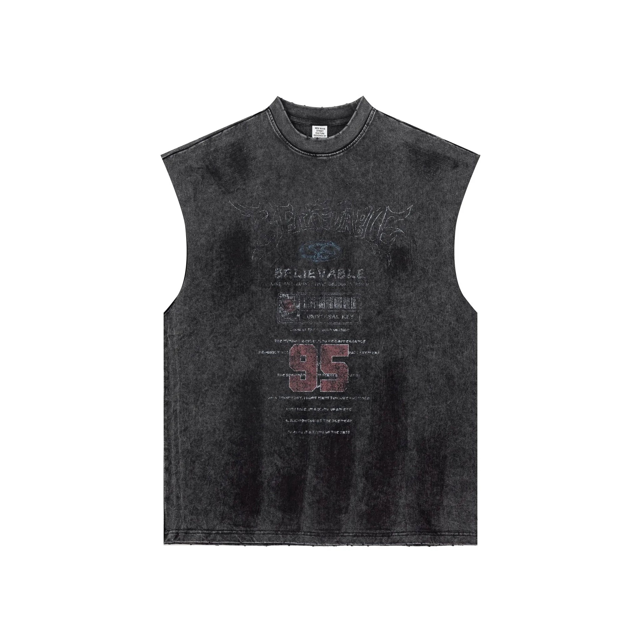 Black sleeveless shirt with text and numbers on a white background