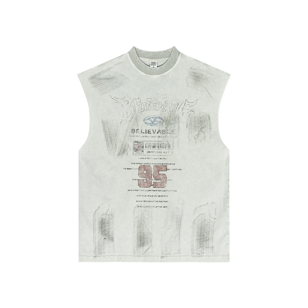 Gray sleeveless shirt with graphic designs and text on a white background
