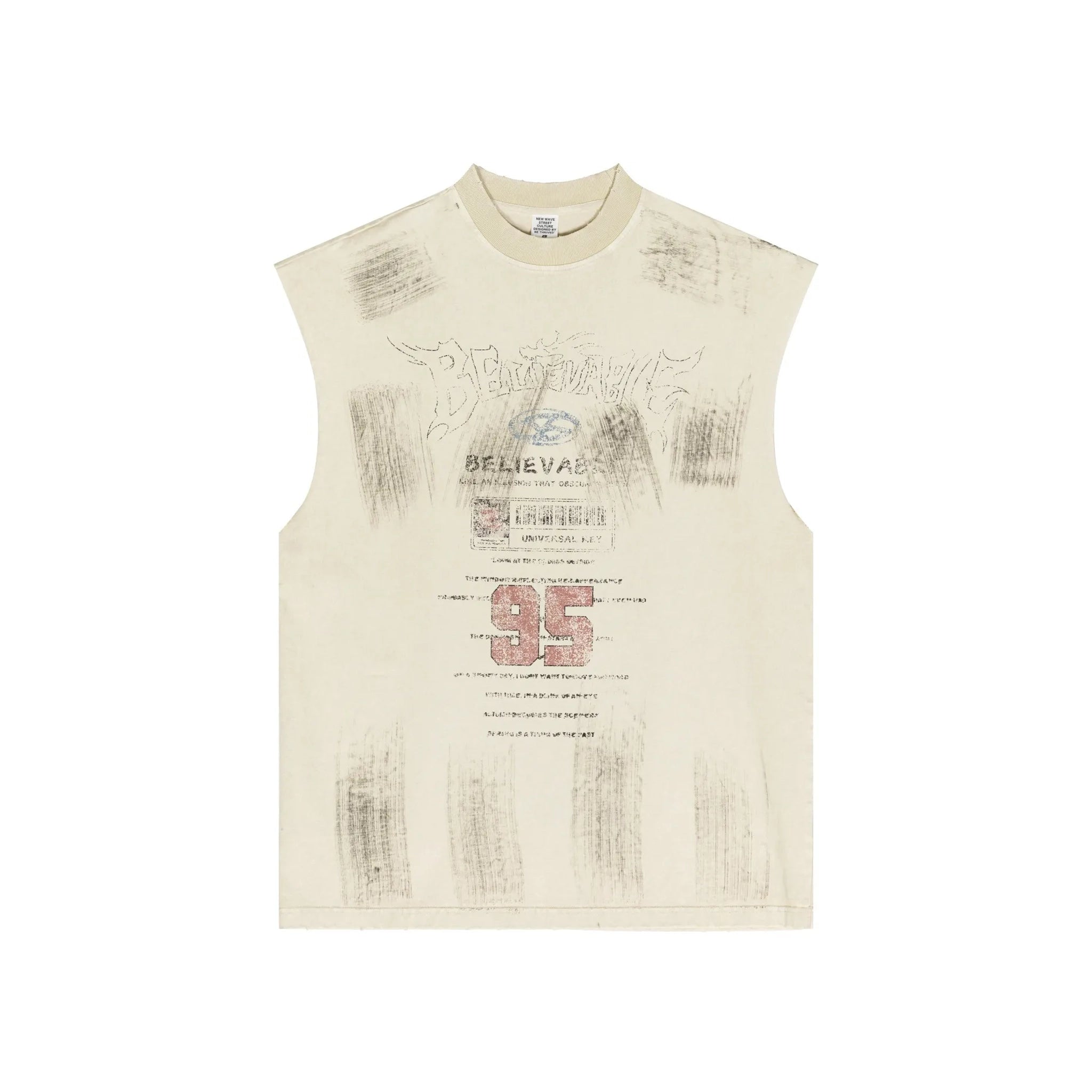 Beige sleeveless shirt with graphic designs on a white background