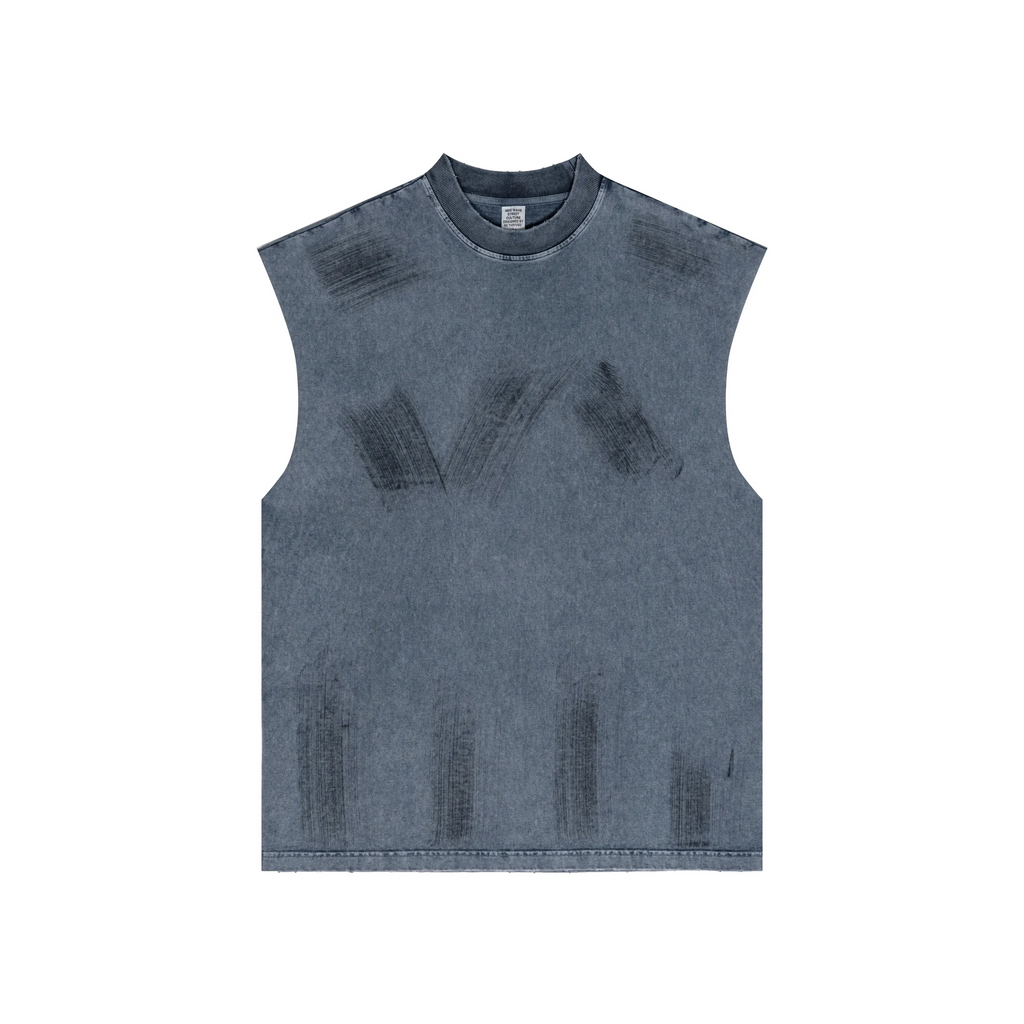 Blue sleeveless shirt with patchwork design on a white background